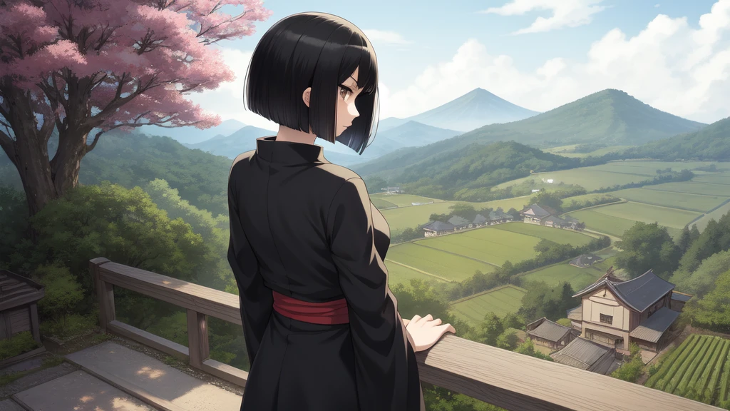 Back view, facing back, face not transferred (Yurukan anime) style girl. Japanese countryside, black hair bob cut,