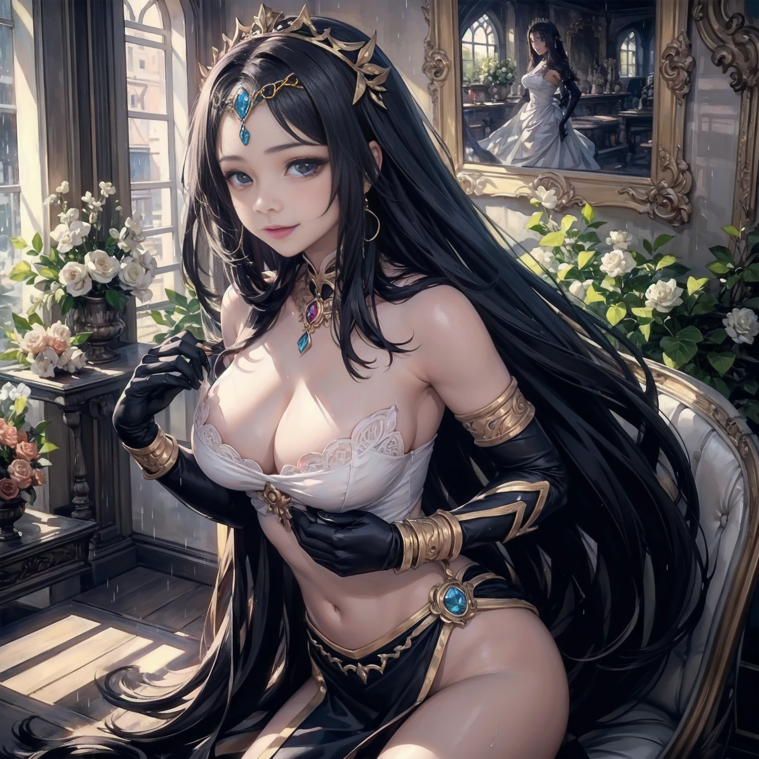Queen of Sheba, Queen of Sheba, Aqua Eye, Dark Skin, Dark skinned women, 額のgem, gem, Golden Hair,The whole body is covered in shiny oil..
break bridal gauntlets, Circlet, Egyptian clothing, Head Chain,
break looking at viewer,
break outdoors, sand, dessert,
break (masterpiece:1.2), Highest quality, High resolution, unity 8k wallpaper, (figure:0.8), (Beautiful attention to detail:1.6), 非常にDetailed face, Perfect lighting, Highly detailed CG, (Perfect hands, Perfect Anatomy),The whole body is wet in the rain、Sadistic smile,,all,Shiny skin,Detailed face,Beautiful body,　White breath from the mouth、Luxurious lace long gloves、
