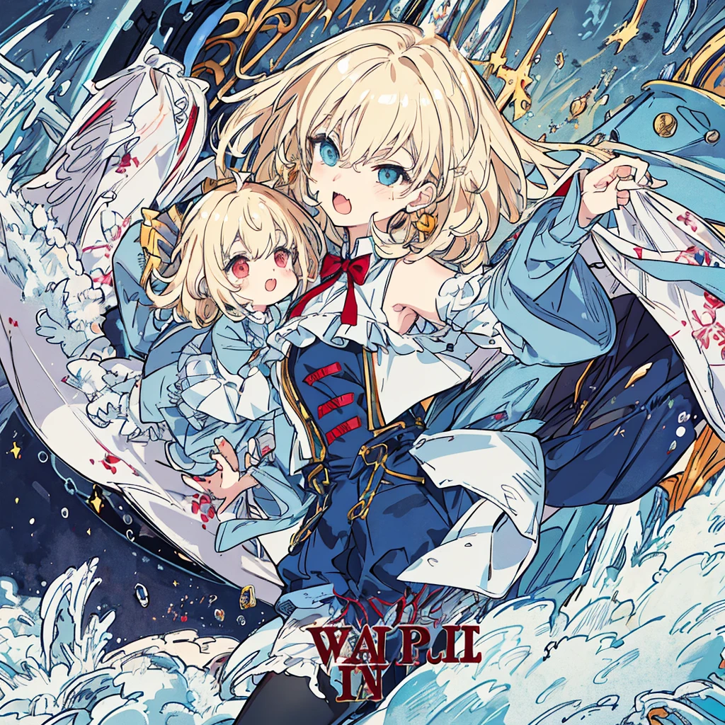 short cute male, very pale skin, beautiful eyes, perfect hands, heterochromia, one eye is red one eye is pink, long legs, narrow waist, perspective, short chin-length blonde hair with dyed pink tips, perfect hands, crossed bangs, vivid colors, best quality, high quality, short messy wavy hair, casual wear, overalls, loose sleeves, pale blue jean shorts, striped knee high socks, earring on left ear, fangs, :3, smug, CG image, splash art, high detail