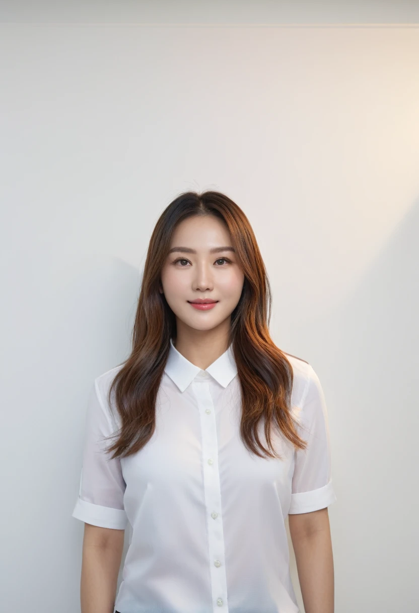 Best Quality, 8k, Masterpiece, (Portrait: 1.3), (photo realistic:1.4), (hyper realistic:1.4), Sharp Focus, looking at viewer, (smoother lighting:1.1), (increase cinematic lighting quality:0.9), realistic lighting, backlighting, light on face, ray trace, (brightening light:1.2), (Increase quality:1.4), sharp detail, (best quality real texture skin:1.4), finely detailed eyes, black_eyes, finely detailed face, 25 year old Korean woman, (white formal_shirt:1.4), (Create an image maintaining the original base model hairstyle:1.5),smiling_face