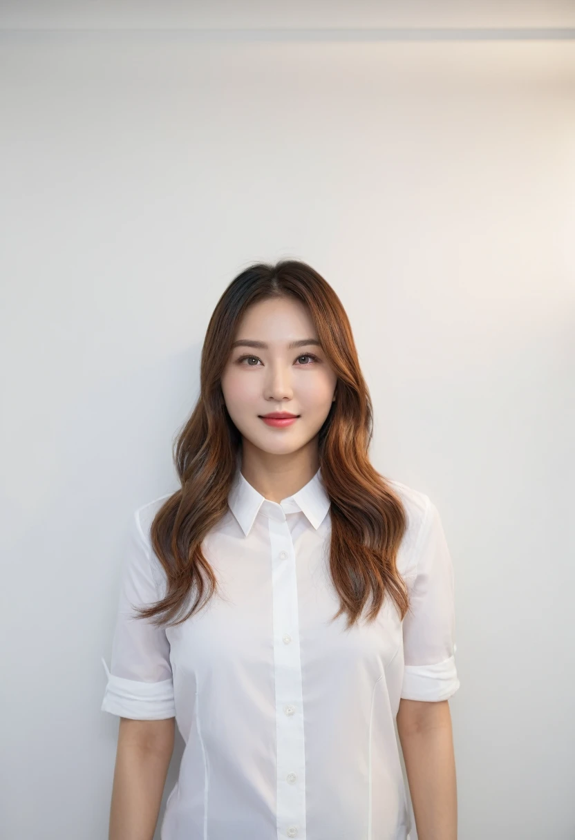 Best Quality, 8k, Masterpiece, (Portrait: 1.3), (photo realistic:1.4), (hyper realistic:1.4), Sharp Focus, looking at viewer, (smoother lighting:1.1), (increase cinematic lighting quality:0.9), realistic lighting, backlighting, light on face, ray trace, (brightening light:1.2), (Increase quality:1.4), sharp detail, (best quality real texture skin:1.4), finely detailed eyes, black_eyes, finely detailed face, 25 year old Korean woman, (white formal_shirt:1.4), (Create an image maintaining the original base model hairstyle:1.5),smiling_face
