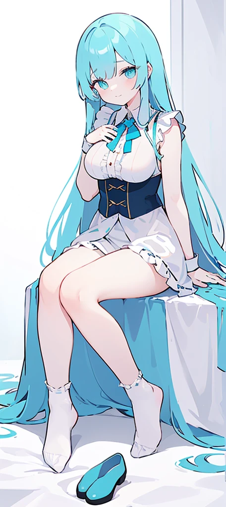 Curvy chubby body, light blue long hair, blue eyes, wide legs , hand spreading , naked, wide , on bed, ass, visible crotch, sofa, chair , curtains, sunlight,((white skirt)), hand sleeves,  black stockings,