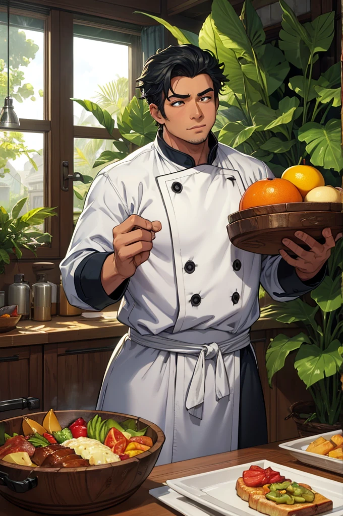 a tropical man, a man in a chef uniform, a male chef, a cook, detailed face, detailed eyes, detailed skin, detailed clothing, highly detailed, photorealistic, 8k, high resolution, masterpiece, cinematic lighting, vibrant colors, moody lighting, dramatic shadows, fantasy, fat build, dynamic pose, tropical environment, lush vegetation, vines, exotic fruits, steam rising, delicious food on a table, intricate details, ornate patterns, rich textures