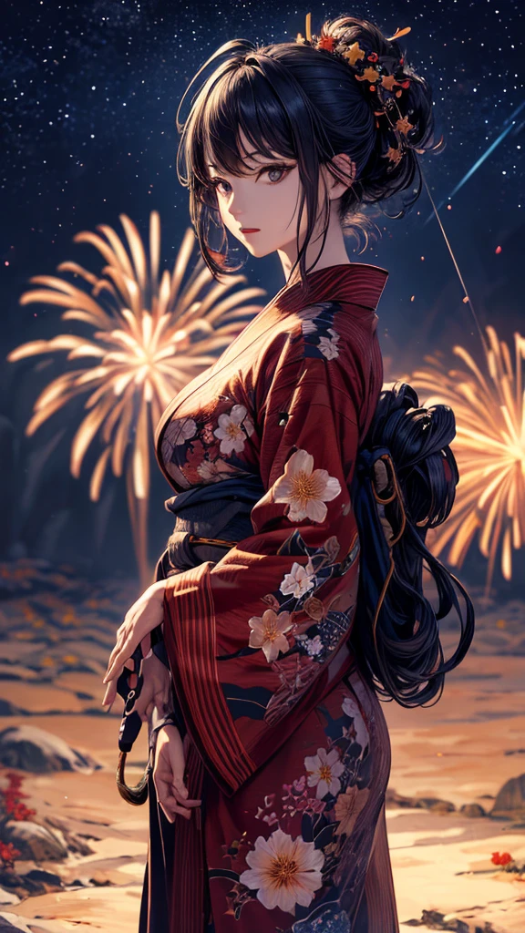 masterpiece, high quality, 4K, Beautiful design, silhouette，bionde， Highly Detailed Starry Sky at Night,Flower Field， wonderful, Finer details,  Very knowledgeable woman, Highly detailed solo, 1 female,Big Breasts，Red color yukata，Night view，Starry Sky，Fireworks in the background, .Black hair, black eyes 