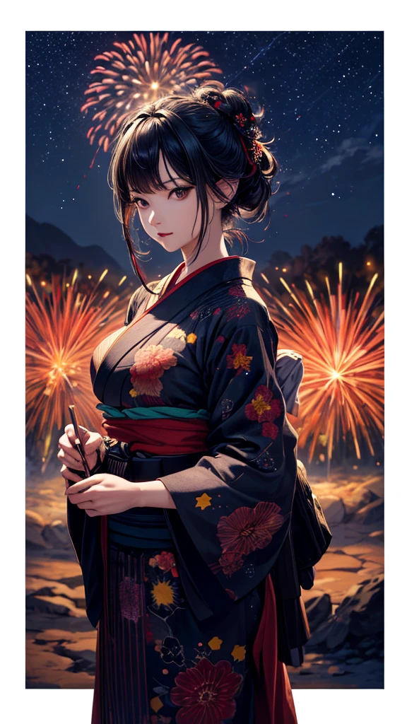 masterpiece, high quality, 4K, Beautiful design, silhouette，bionde， Highly Detailed Starry Sky at Night,Flower Field， wonderful, Finer details,  Very knowledgeable woman, Highly detailed solo, 1 female,Big Breasts，Red color yukata，Night view，Starry Sky，Fireworks in the background, .Black hair, black eyes 