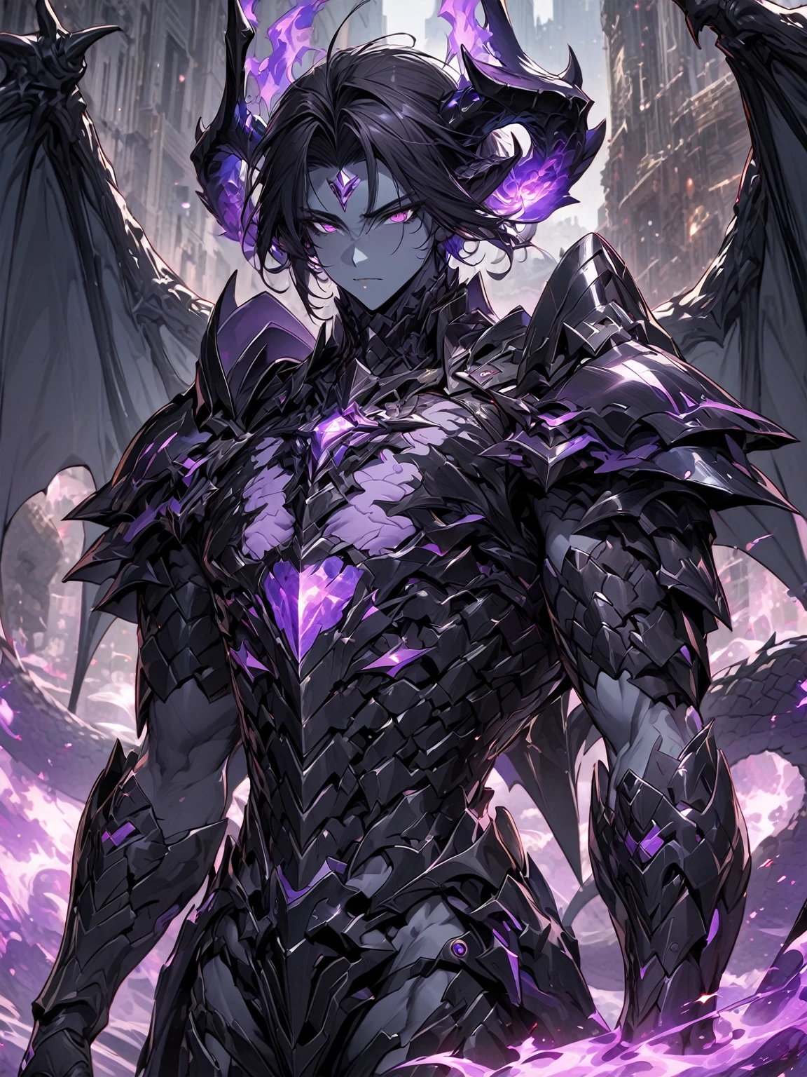 Masterpiece, Very detailed, ultra detailed, one, (1 man), man with a V-shaped body, Gray skin colour, dragon horns, two large dragon wings, full detailed dark obsidian armor with light purple details that seemed like a purple fire. Long black hair combed back, and reptile eyes that shine crimson-purple. In the style of manhwa "Omniscient Reader's Viewpoint"