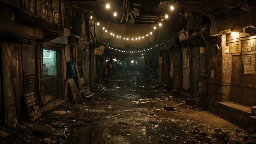 (Best quality,panorama,ultra detailed,A high resolution,masterpiece:1.2,)streets of the underground city, filled with people and gloomy green smoke,post-apocalyptic,