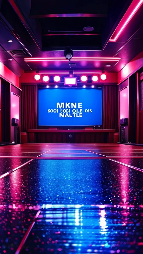 View of a small karaoke night club, no people on the photo, empty space in the middle of the karaoke club