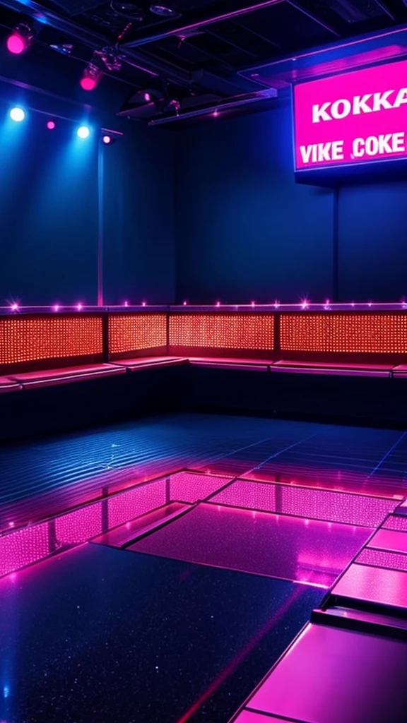 View of a small karaoke night club, no people on the photo, empty space in the middle of the karaoke club