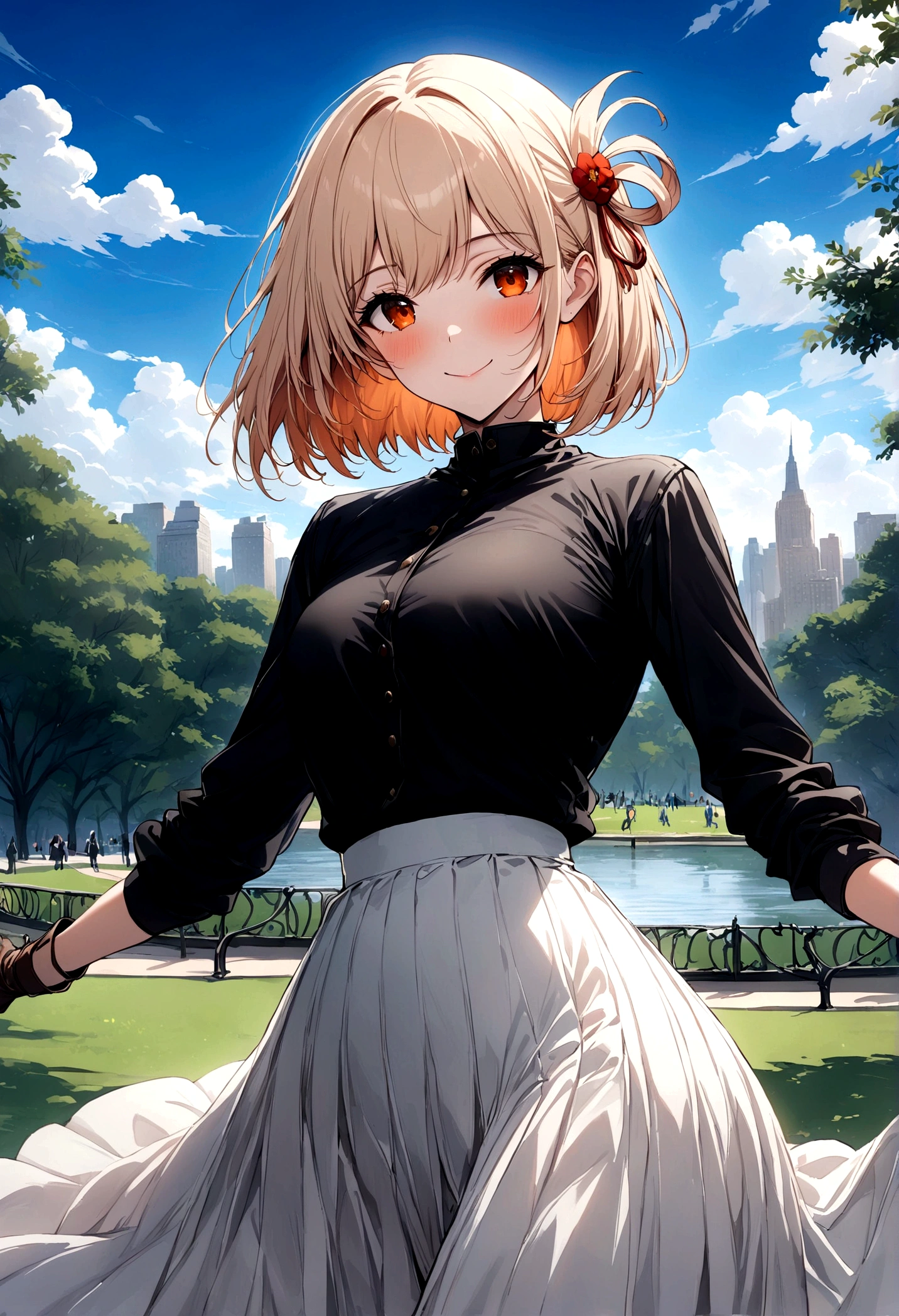 ((masterpiece,Highest quality)),1 Girl,Lonely, (((Chisato Nishiki))), short hair, Light Hair, Lonely, skirt, Detail Eye, Looking at the audience, Long sleeve, Persistence, white skirt, gloves,hair accessory, Black jacket, smile, Flowing Hair, Hook of Holland, shut up, avert your eyes, (Central Park),Partly cloudy, blue sky, warm color,