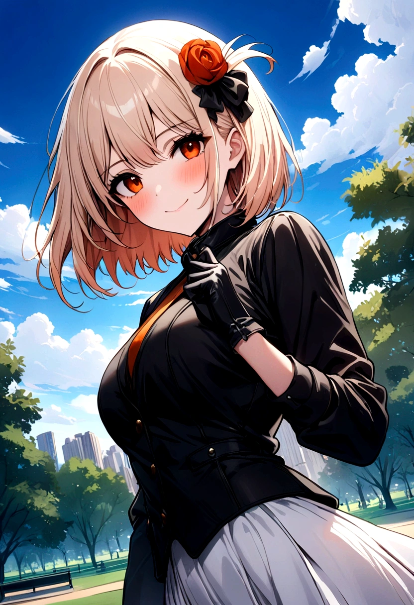 ((masterpiece,Highest quality)),1 Girl,Lonely, (((Chisato Nishiki))), short hair, Light Hair, Lonely, skirt, Detail Eye, Looking at the audience, Long sleeve, Persistence, white skirt, gloves,hair accessory, Black jacket, smile, Flowing Hair, Hook of Holland, shut up, avert your eyes, (Central Park),Partly cloudy, blue sky, warm color,