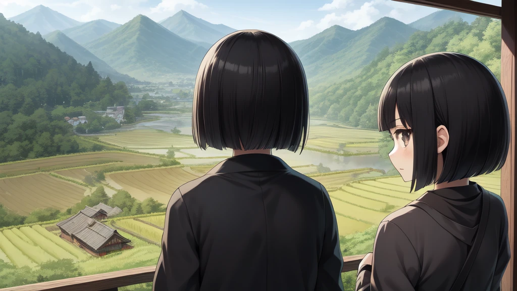 Back view, facing back, face not transferred (Yurukan anime) style girl. Japanese countryside, black hair bob cut,