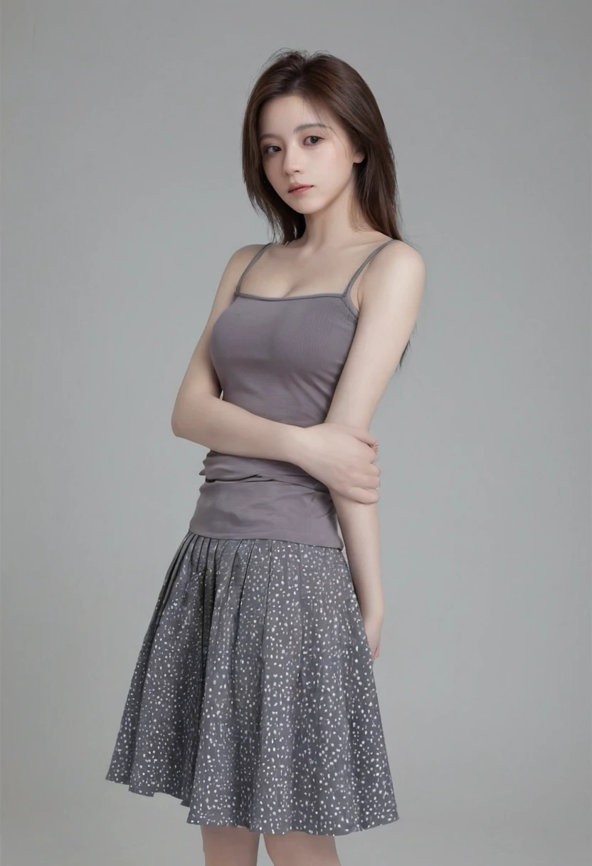 Embrace, 1 Girl, Solitary, Gray background, Medium breasts, skirt,