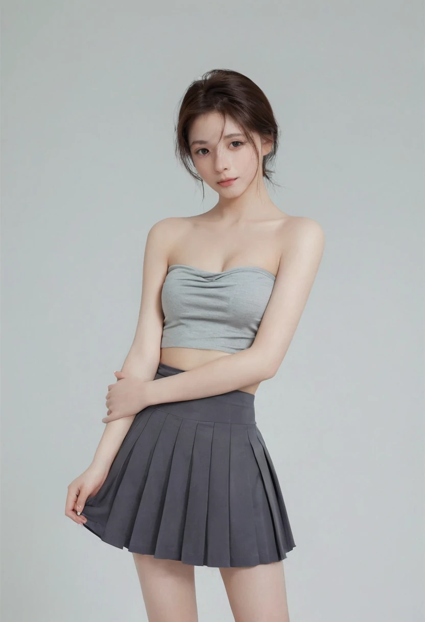 Embrace, 1 Girl, Solitary, Gray background, Medium breasts, skirt,