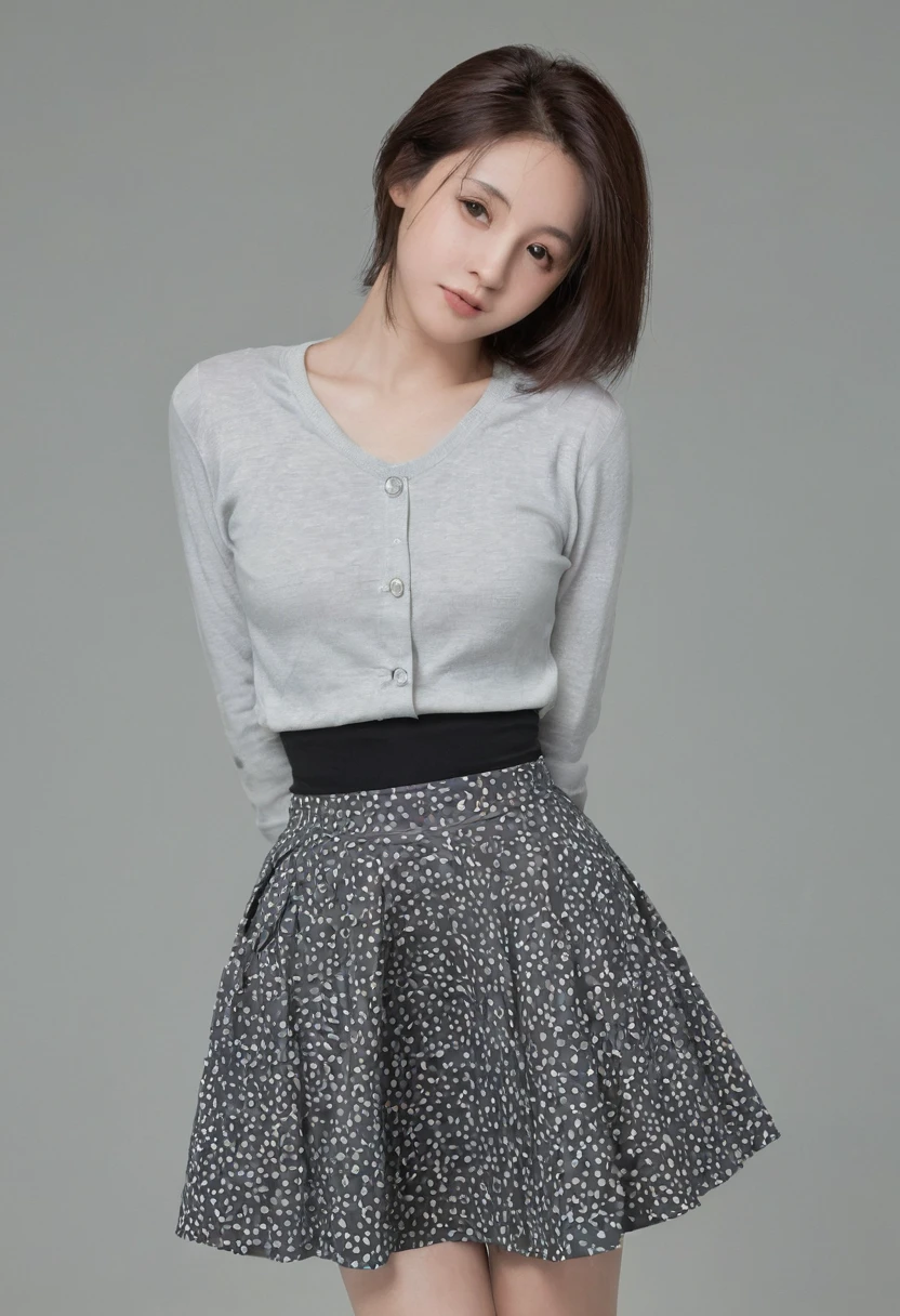 Embrace, 1 Girl, Solitary, Gray background, Medium breasts, skirt,