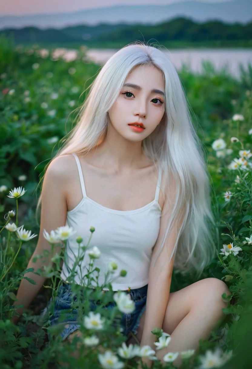 (masterpiece, Top quality), A girl with long white hair sits in a field of green plants and flowers, Warm moonlight, Blurred foreground, Change, River bank, shorts, Strange eyes