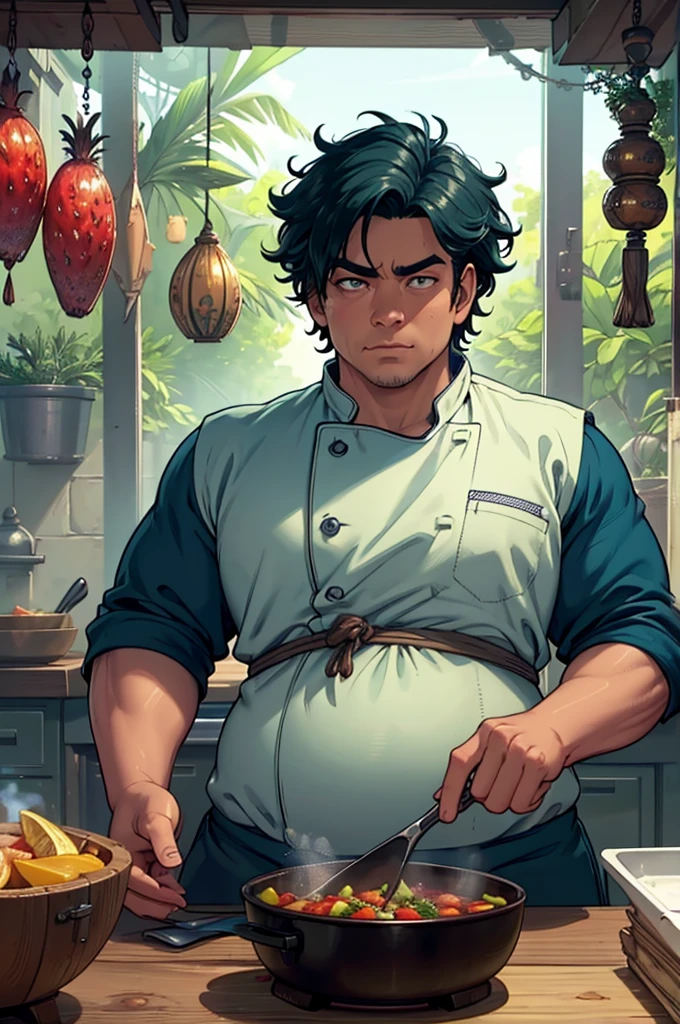 a tropical man, a man in a chef uniform, a male chef, a cook, detailed face, detailed eyes, detailed skin, detailed clothing, highly detailed, photorealistic, 8k, high resolution, masterpiece, cinematic lighting, vibrant colors, moody lighting, dramatic shadows, fantasy, fat build, dynamic pose, tropical environment, lush vegetation, vines, exotic fruits, steam rising, delicious food on a table, intricate details, ornate patterns, rich textures