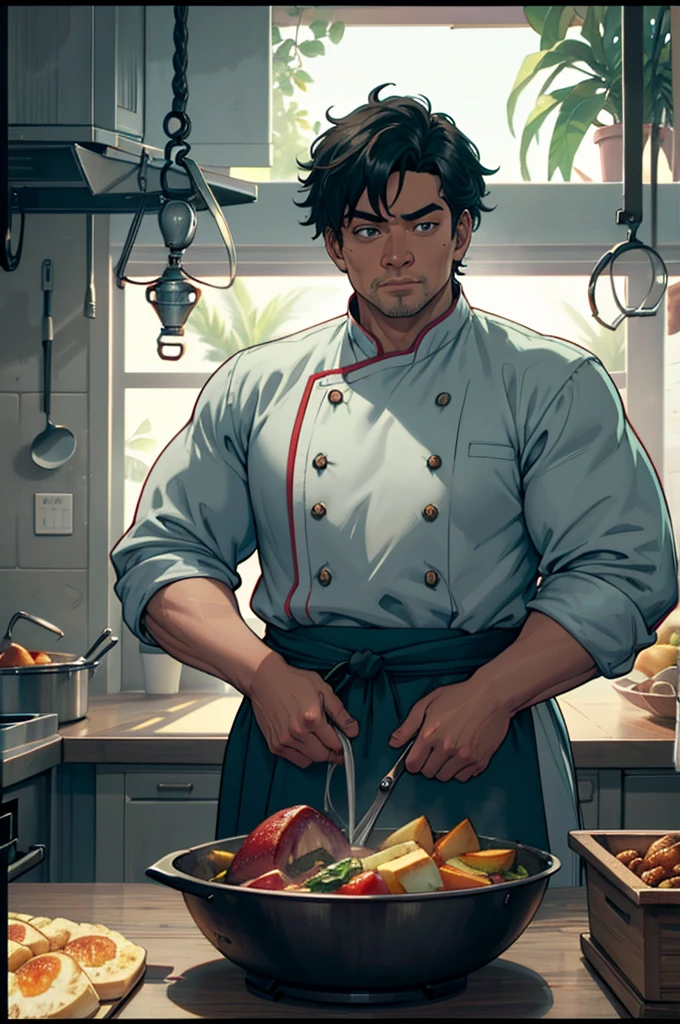 a tropical man, a man in a chef uniform, a male chef, a cook, detailed face, detailed eyes, detailed skin, detailed clothing, highly detailed, photorealistic, 8k, high resolution, masterpiece, cinematic lighting, vibrant colors, moody lighting, dramatic shadows, fantasy, fat build, dynamic pose, tropical environment, lush vegetation, vines, exotic fruits, steam rising, delicious food on a table, intricate details, ornate patterns, rich textures