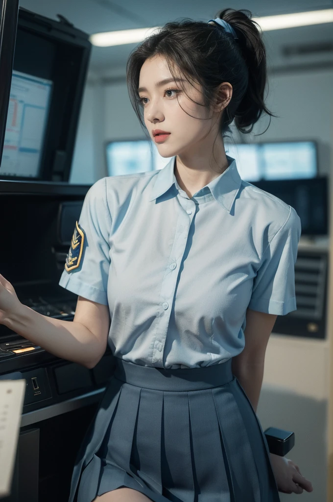 (((best quality))),(((ultra detailed))),(((masterpiece))),illustration,((1girl, female, Air Force commander,solo)),(short ponytail:1.2),((slim,thin)),((small breasts,flat chest)),poised, confidence, authority,(light blue collared short-sleeved shirt:1.3),(dark blue pleated skirt:1.2), (slender legs:1.2),piercing eyes, control panel, military airport, soldiers, duties, fighter jets, clear sky, engine roar, excitement, energy, control room, monitors, switches, mosaic colors, expertise, pilots, headset, calm voice, strong presence, attention, respect, leadership, dedication, courage, bravery, women in military, inner strength, resilience, inspiration,((from front,upper body))