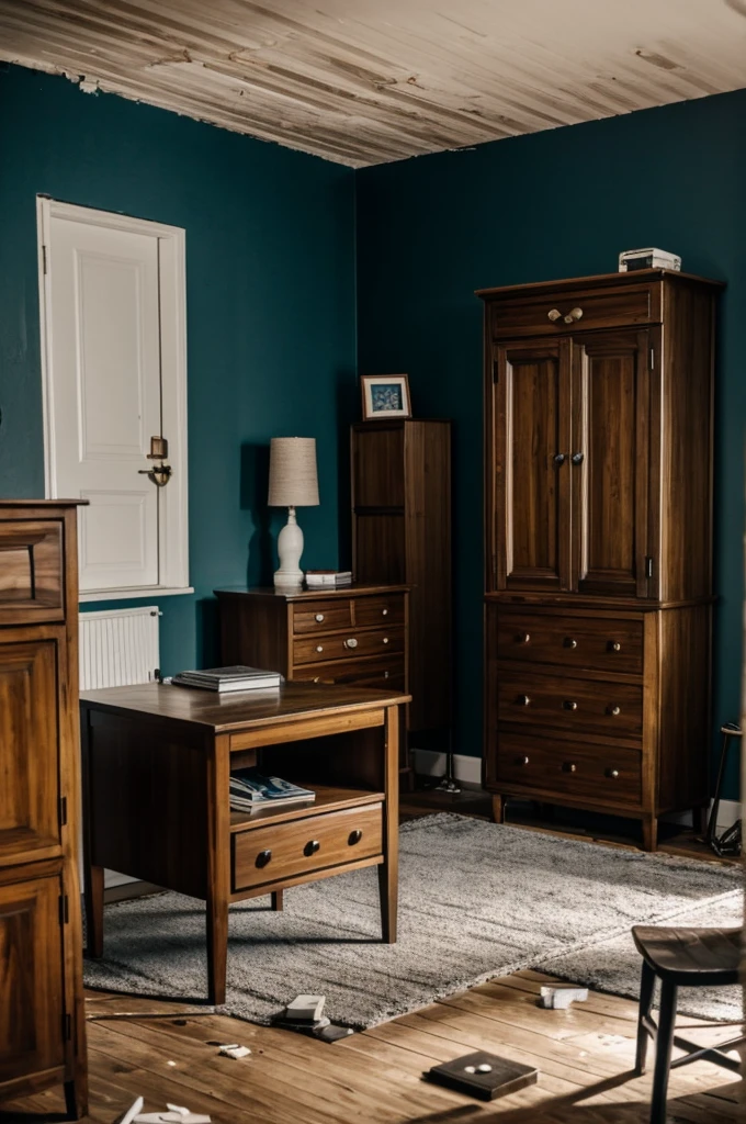Very dark room, gender, cabinet, bedside table and other wooden furniture, apparently, that it has been standing for several years now, everything is very broken and destroyed, there is a man standing in front of us, damn number four