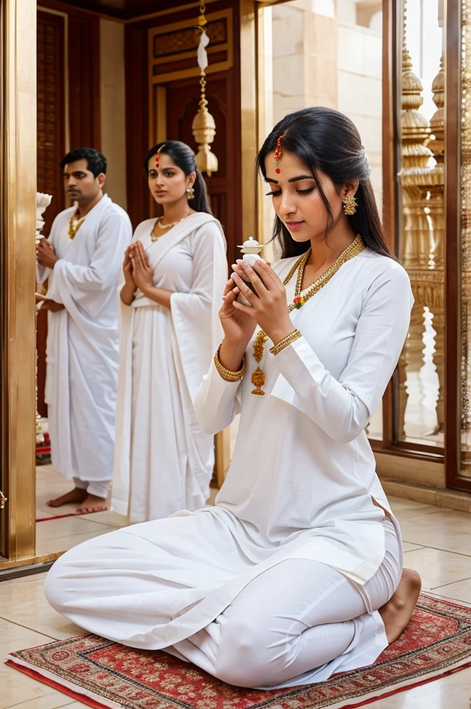 Generate an image where all the gents and ladies were wearing white jain clothes while performing Pooja in jain temple 