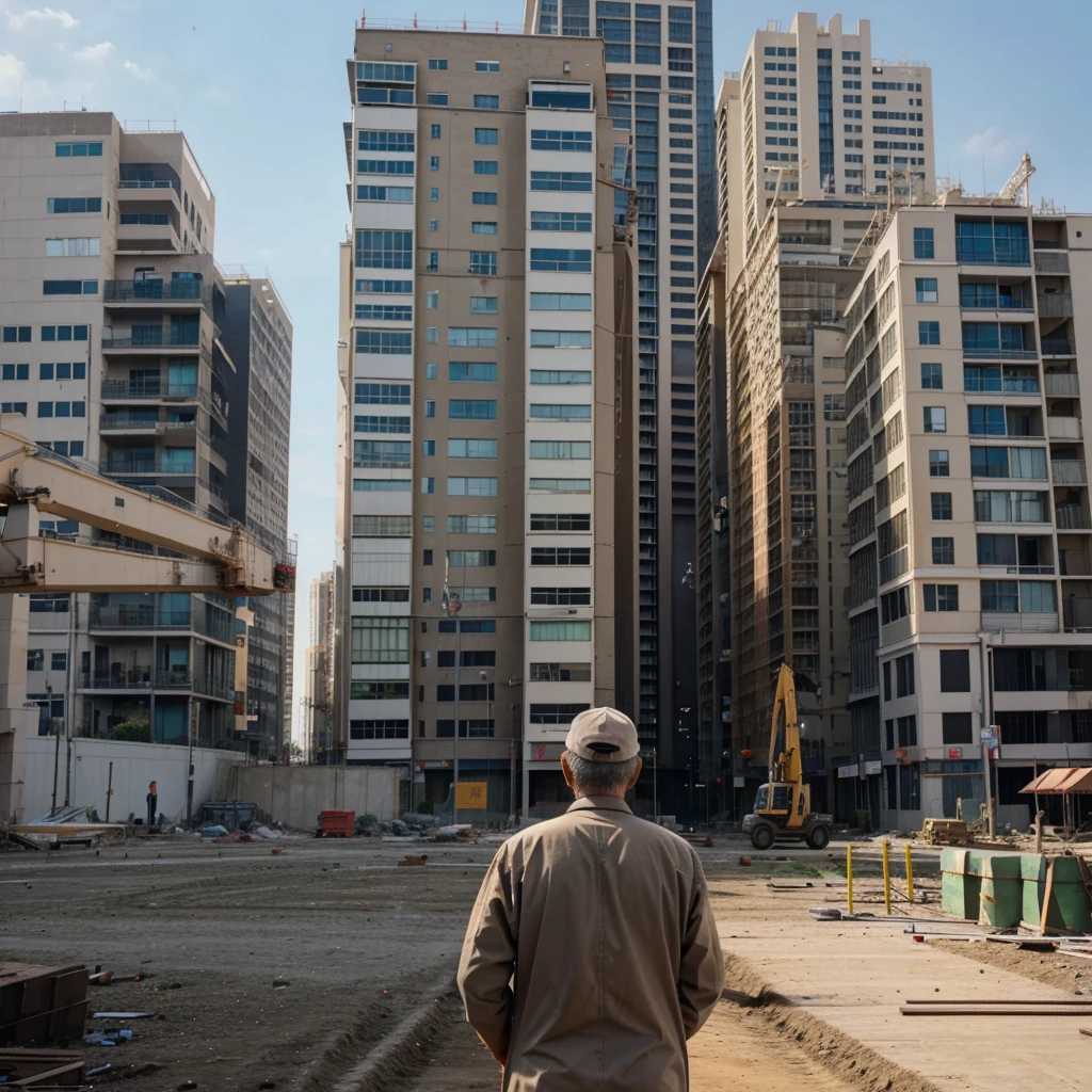 An image of a retired man in his 70s from behind looking at the construction of a block of buildings with tall construction cranes