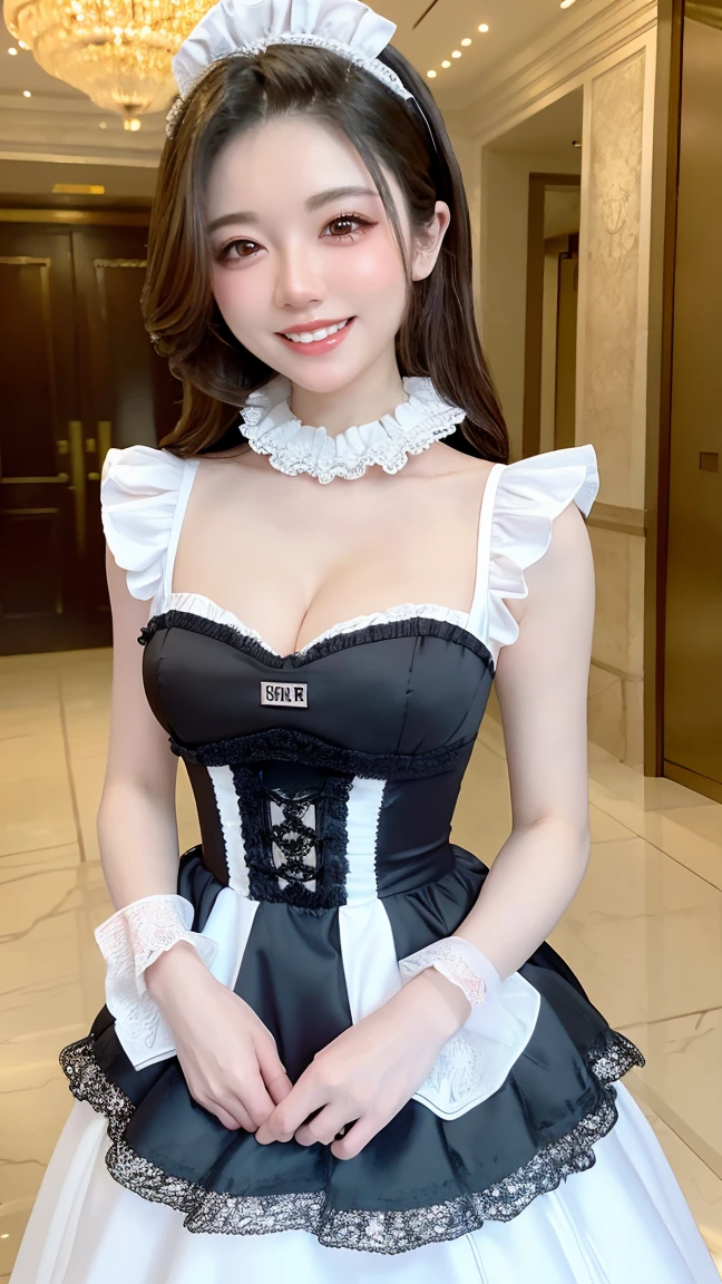 (highest quality、masterpiece、8K、Highest image quality、hyper realism、Award-winning work)、One maid、(Gorgeous Victorian black and white maid dress:1.1)、(A black and white maid dress with a long frilled skirt:1.1)、(Gorgeous black and white maid dress with extremely intricate details:1.1)、(Standing in the entrance lobby of the most elegant and luxurious luxury hotel:1.1)、the biggest smile when you look at me、upper body photo、accurate anatomy、cleavage、big breasts、emphasize body line、natural makeup、Super high-definition glossy skin、Super high-definition glowing beautiful skin、Ultra high definition glossy lips、Super high definition beautiful teeth