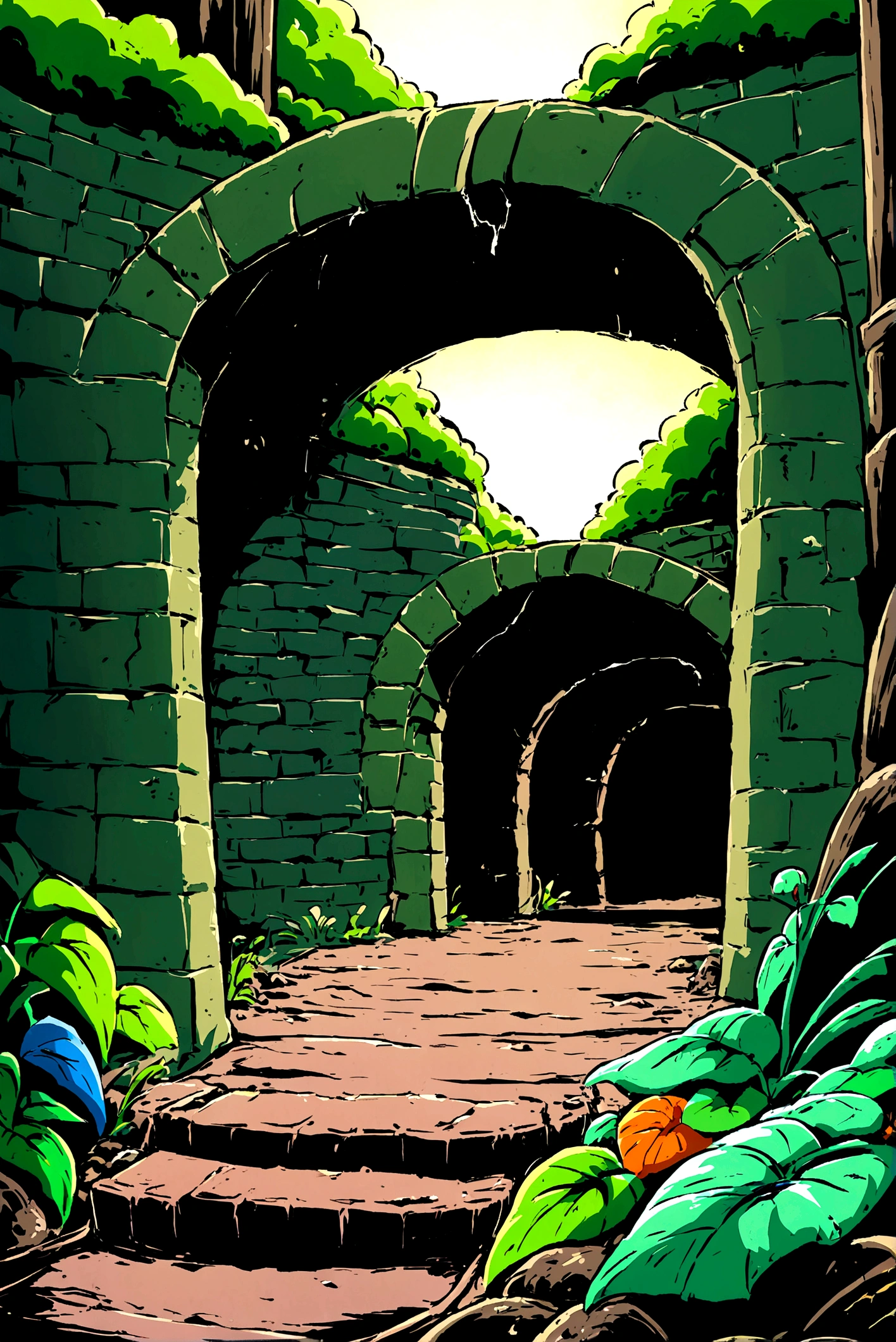 Mossy tunnel,Fallen Leaveystery,(Illustration style,Miyazaki animation style)