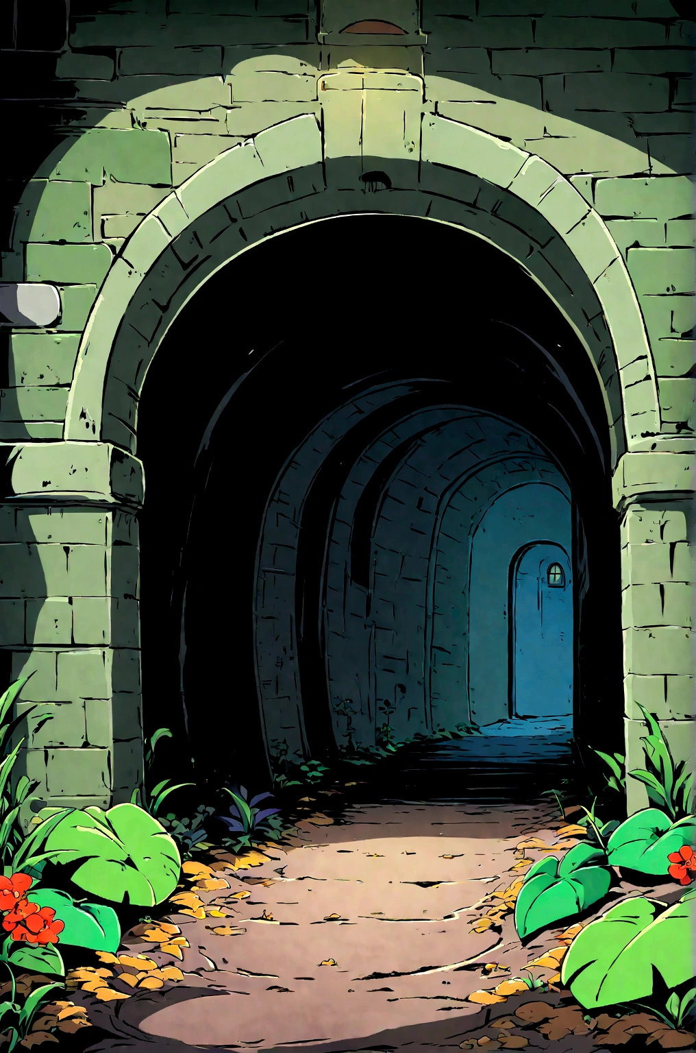 Mossy tunnel，Fallen Leaveystery，(Illustration style，Miyazaki animation style)