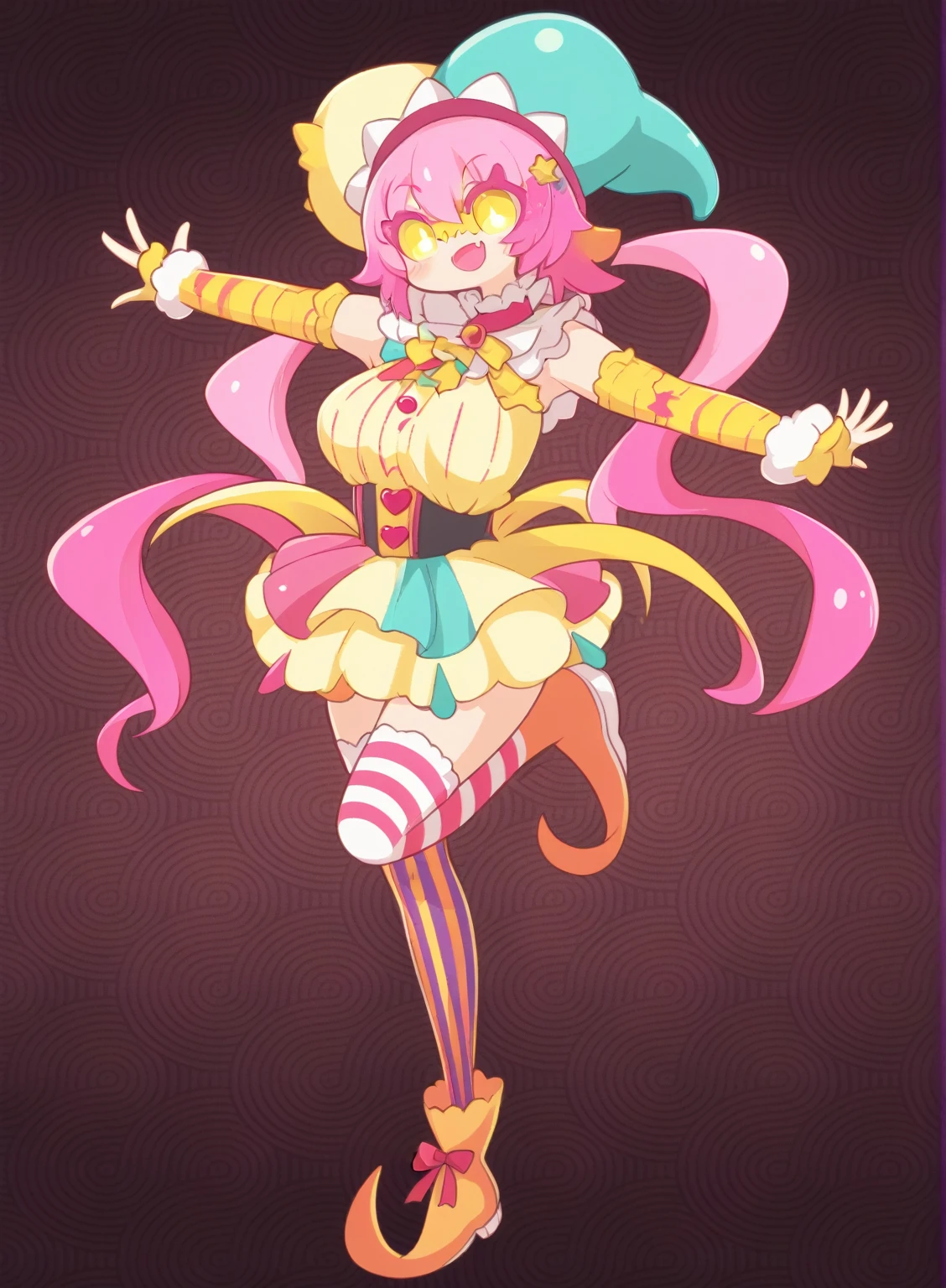 Cartoon character with clown hat and colorful clothes, Cute Core Crown Core, y 2 k Cute Core Crown Core, Clown Girl, Splash Art Anime , creepy Clown Girl, Candy Girl, Candypunk character design, Magical Girl Portrait, Anime Monster Girl, , Humanoid pink female squid girl, Zerochan Art, no game No life