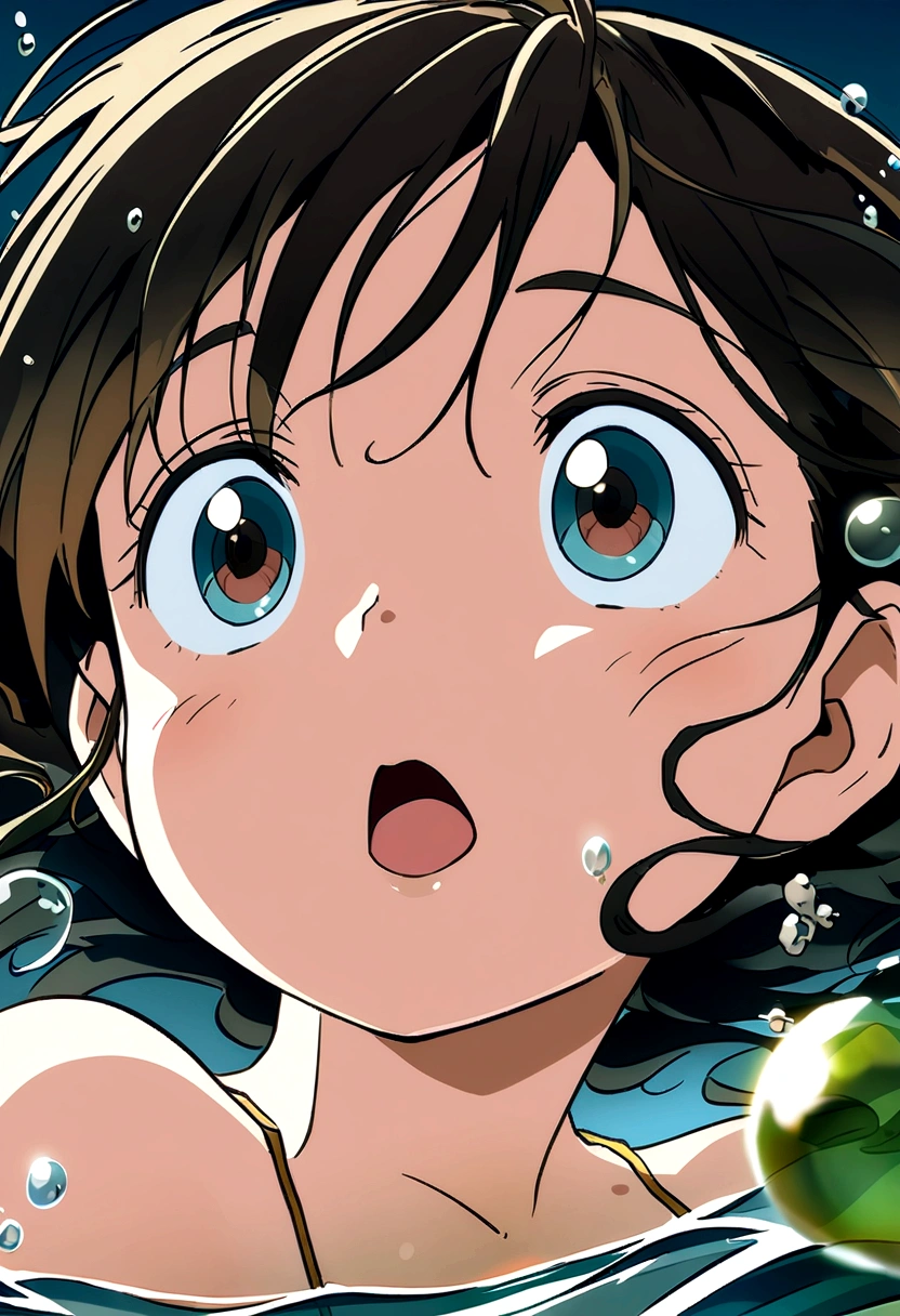 Sinking into water，Girl，bubble，Black Hair，close up，(Illustration style，Miyazaki animation style)