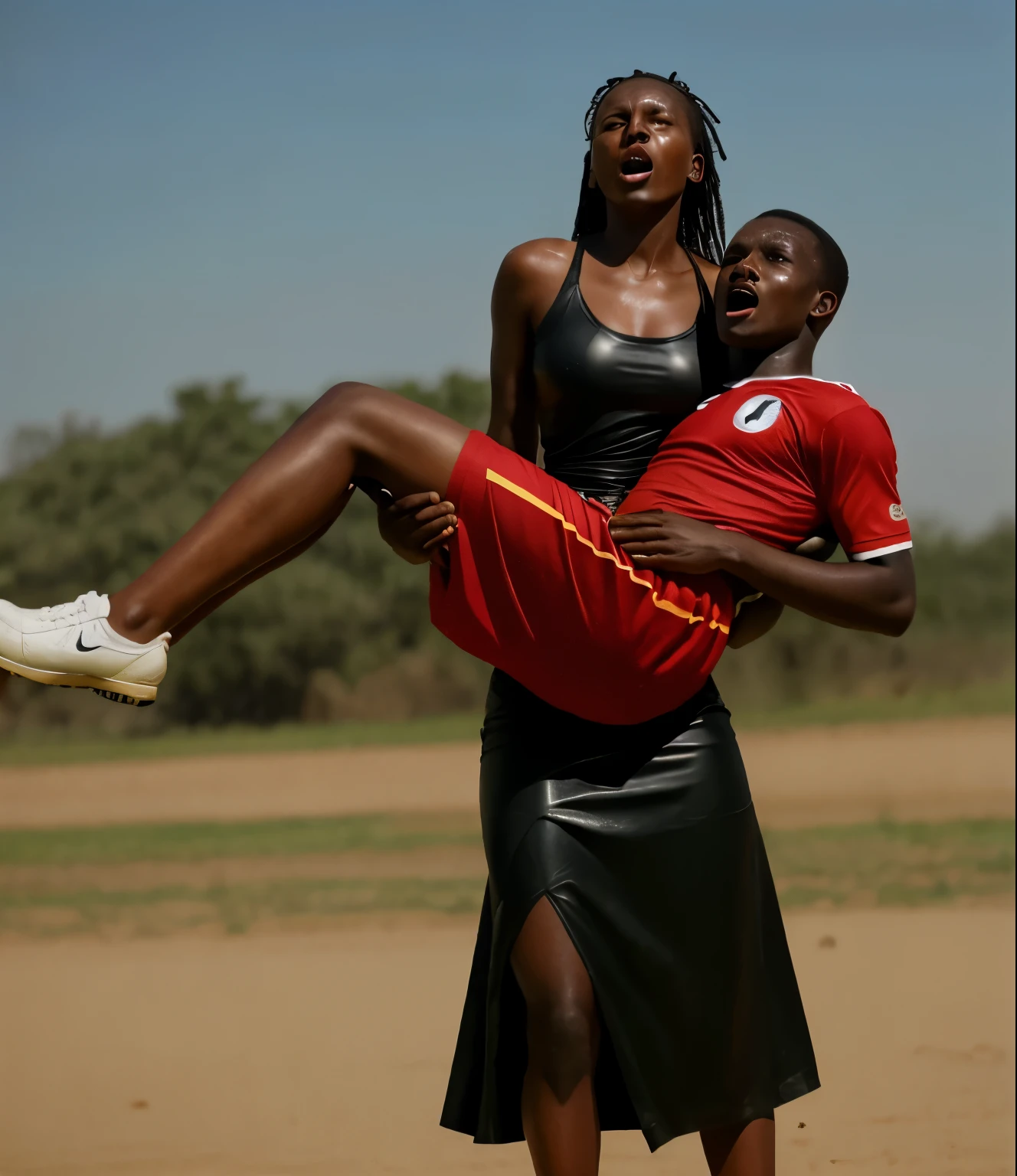 ugandan woman wearing very shiny plastic dress, Long shiny plastic skirt, Despair, unconscious, exhausted, powerlessness, man hangs limp and powerless with his head in the arms of the woman, screams of pain, shouting out in pain, shouting for aid, Dramatic rescue pose, pity, a hurt and male african football player hangs limp and powerless with his head hanging down in the arms of thewoman, a woman in a long leather-skirt has a horrofied facial expression when she carries a male african football player who is hanging limp and powerless with his head hanging down in her arms, an injured male african football player in matte cotton sportswear is carried with an extremely agonised facial expression, faces in pain and horror, screaming with pain, Frightened facial expression, pityful facial expression, pity, pain, accident, aid, football, an ugandan woman who is wearing a very shiny and wetlook plasticdress