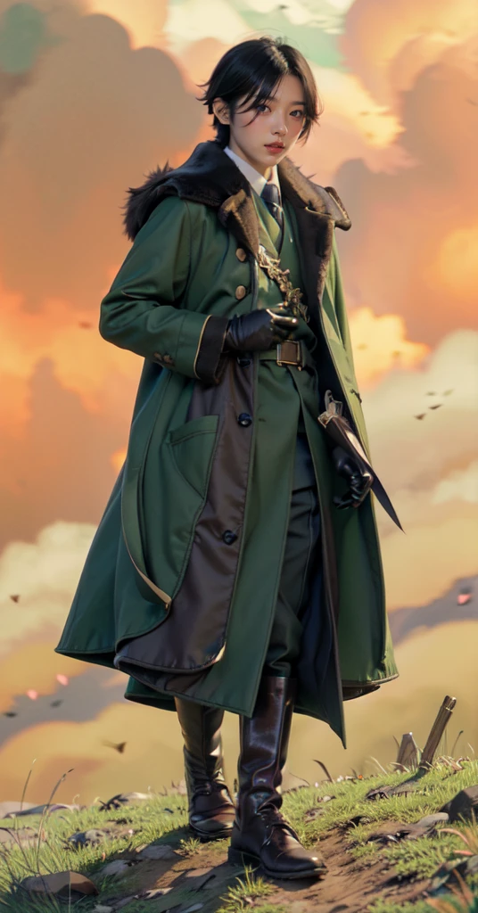 yuichiro hyakuya, (WithoutFear:1), 1 boy, black hair, green eyes, brown coat, gray armor, green shield, green cloak, dark brown gloves, town, fur trim, anime, standing, good quality, portrait, looking at viewer