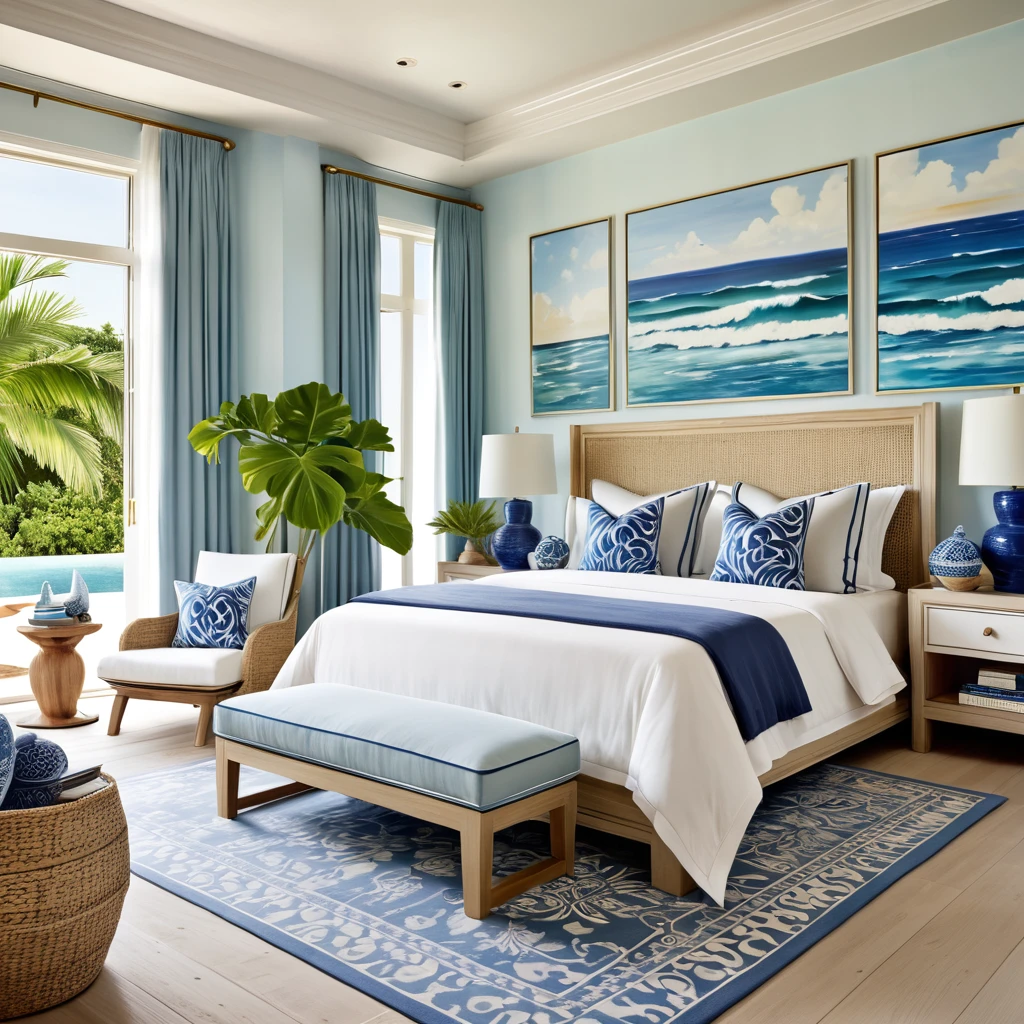 "Create an image of an elegant and luxurious bedroom in a coastal area, inspired by the beach for a highly prestigious interior design magazine. The bedroom should have large windows with views of the ocean, letting in a lot of natural light. Use a soft and fresh color palette, predominating white tones, blues and sand. Furniture must include a king size bed with high quality bedding, a linen upholstered headboard, and light wood nightstands. Add decorative details such as cushions and curtains with nautical motifs, floor lamps with ceramic bases, and a rug woven from natural fibers. Incorporates luxury elements such as a reading chair next to a modern lamp, tropical plants in decorative pots, and coastal artwork on the walls. The atmosphere should be relaxing and sophisticated, reflecting the exclusive lifestyle of a high-end beach house."