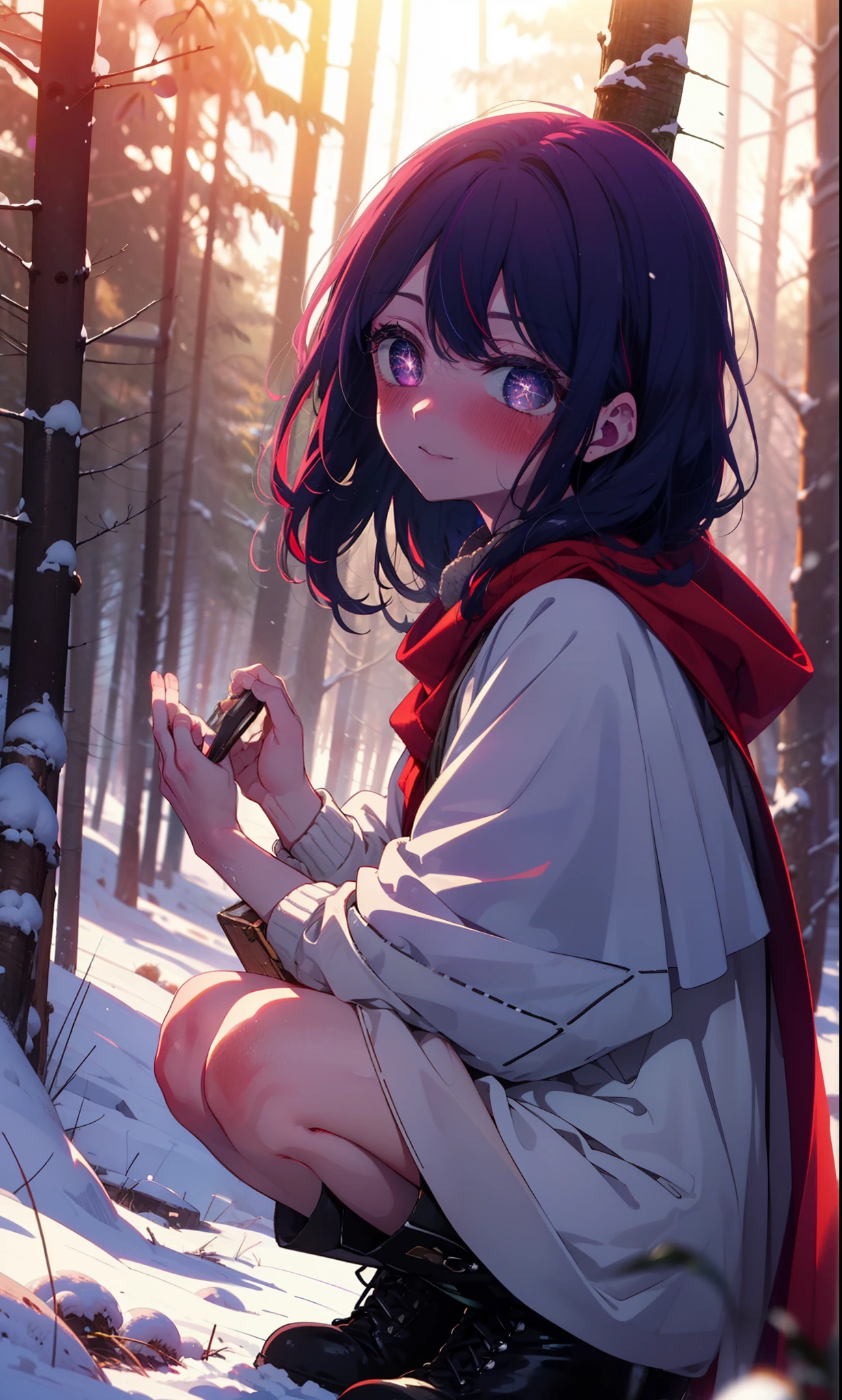 aihoshino, Ai Hoshino, Long Hair, bangs, (Purple eyes:1.1), Purple Hair, (Symbol-shaped pupil:1.5), smile,,smile,blush,White Breath,
Open your mouth,snow,Ground bonfire, Outdoor, boots, snowing, From the side, wood, suitcase, Cape, Blurred, , forest, White handbag, nature,  Squat, Mouth closed, Cape, winter, Written boundary depth, Black shoes, red Cape break looking at viewer, Upper Body, whole body, break Outdoor, forest, nature, break (masterpiece:1.2), Highest quality, High resolution, unity 8k wallpaper, (shape:0.8), (Beautiful and beautiful eyes:1.6), Highly detailed face, Perfect lighting, Extremely detailed CG, (Perfect hands, Perfect Anatomy),