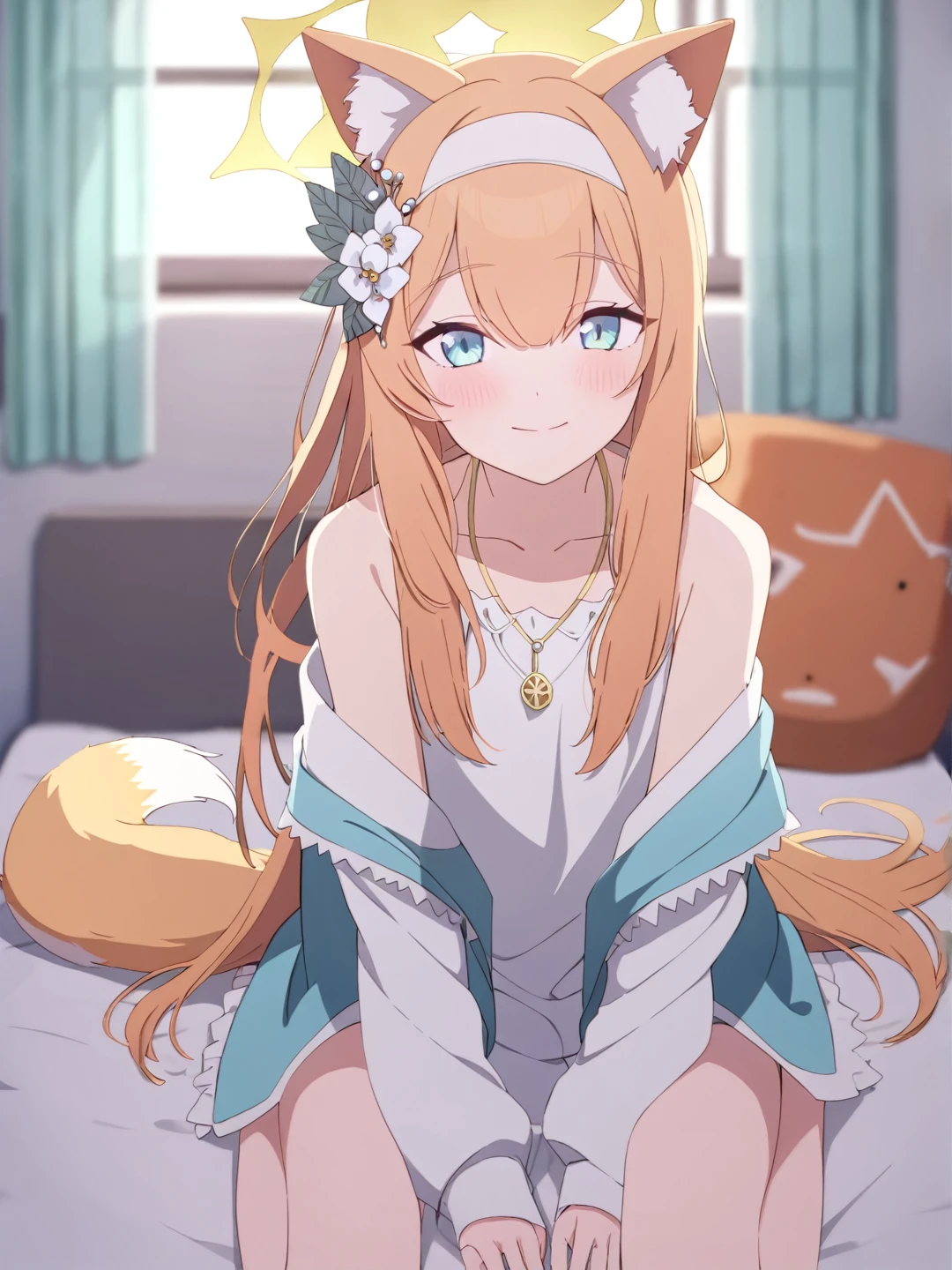 1girl
mari \(blue archive\)
bare legs, blue eyes, blush, fox ears, from middle, hair between eyes, halo, indoors, long hair, looking at viewer, looking up, off shoulder, on bed, front view,
newest, pillow, bare shoulders, horny, teasing smile, between legs, closed mouth, animal ear fluff, bed, solo, depth of field, blurry, animal ears, blurry background, very long hair, no clothes, nipples visible, pussy visible, sitting, legs open, pussy close up, one hand behind back, spreading pussy,
absurdres, highres, 