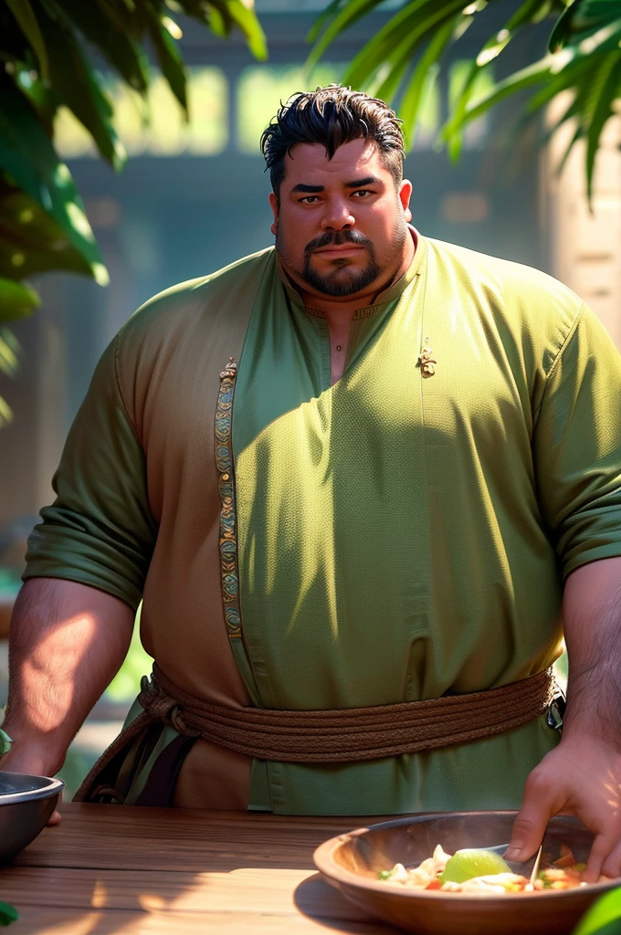 a tropical man, a man in a chef uniform, a male chef, a cook, detailed face, detailed eyes, detailed skin, detailed clothing, highly detailed, photorealistic, 8k, high resolution, masterpiece, cinematic lighting, vibrant colors, moody lighting, dramatic shadows, fantasy, fat build, dynamic pose, tropical environment, lush vegetation, vines, exotic fruits, steam rising, delicious food on a table, intricate details, ornate patterns, rich textures