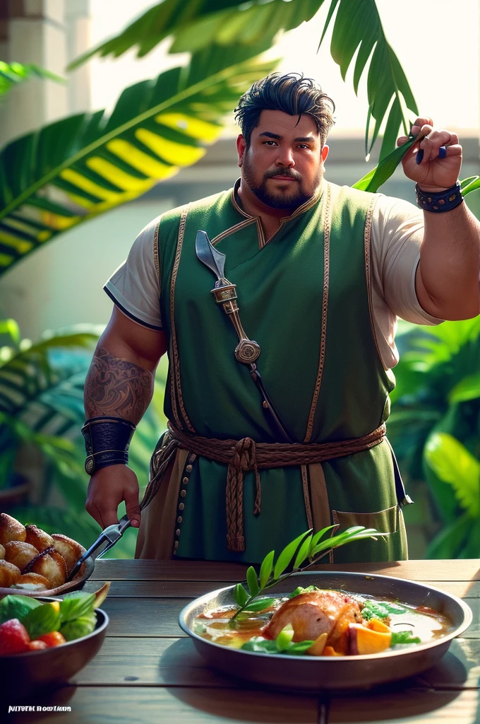 a tropical man, a man in a chef uniform, a male chef, a cook, detailed face, detailed eyes, detailed skin, detailed clothing, highly detailed, photorealistic, 8k, high resolution, masterpiece, cinematic lighting, vibrant colors, moody lighting, dramatic shadows, fantasy, fat build, dynamic pose, tropical environment, lush vegetation, vines, exotic fruits, steam rising, delicious food on a table, intricate details, ornate patterns, rich textures