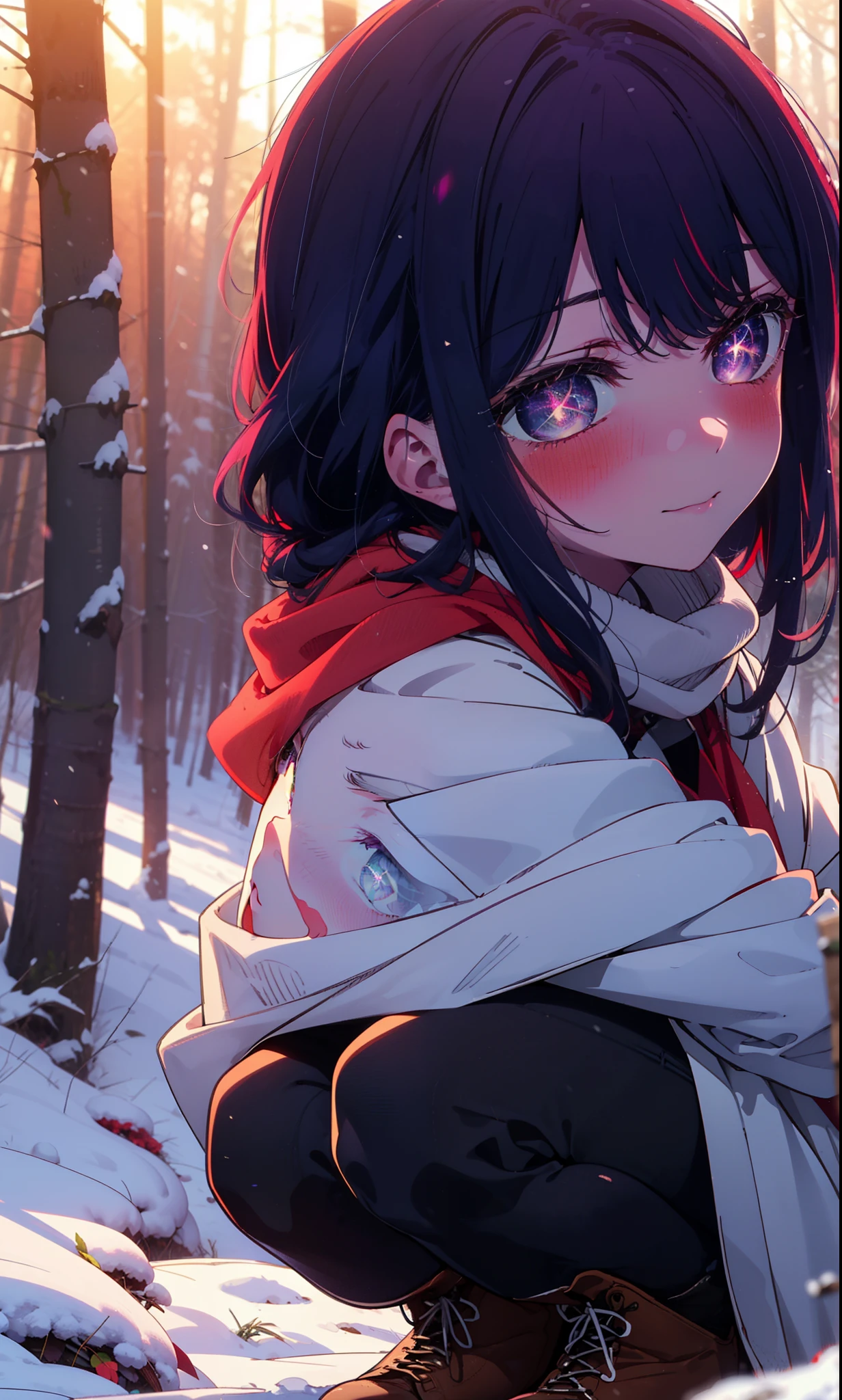 aihoshino, Ai Hoshino, Long Hair, bangs, (Purple eyes:1.1), Purple Hair, (Symbol-shaped pupil:1.5), smile,,smile,blush,White Breath,
Open your mouth,snow,Ground bonfire, Outdoor, boots, snowing, From the side, wood, suitcase, Cape, Blurred, , forest, White handbag, nature, Squat, Mouth closed, Cape, winter, Written boundary depth, Black shoes, red Cape break looking at viewer, Upper Body, whole body, break Outdoor, forest, nature, break (masterpiece:1.2), Highest quality, High resolution, unity 8k wallpaper, (shape:0.8), (Beautiful and beautiful eyes:1.6), Highly detailed face, Perfect lighting, Extremely detailed CG, (Perfect hands, Perfect Anatomy),
