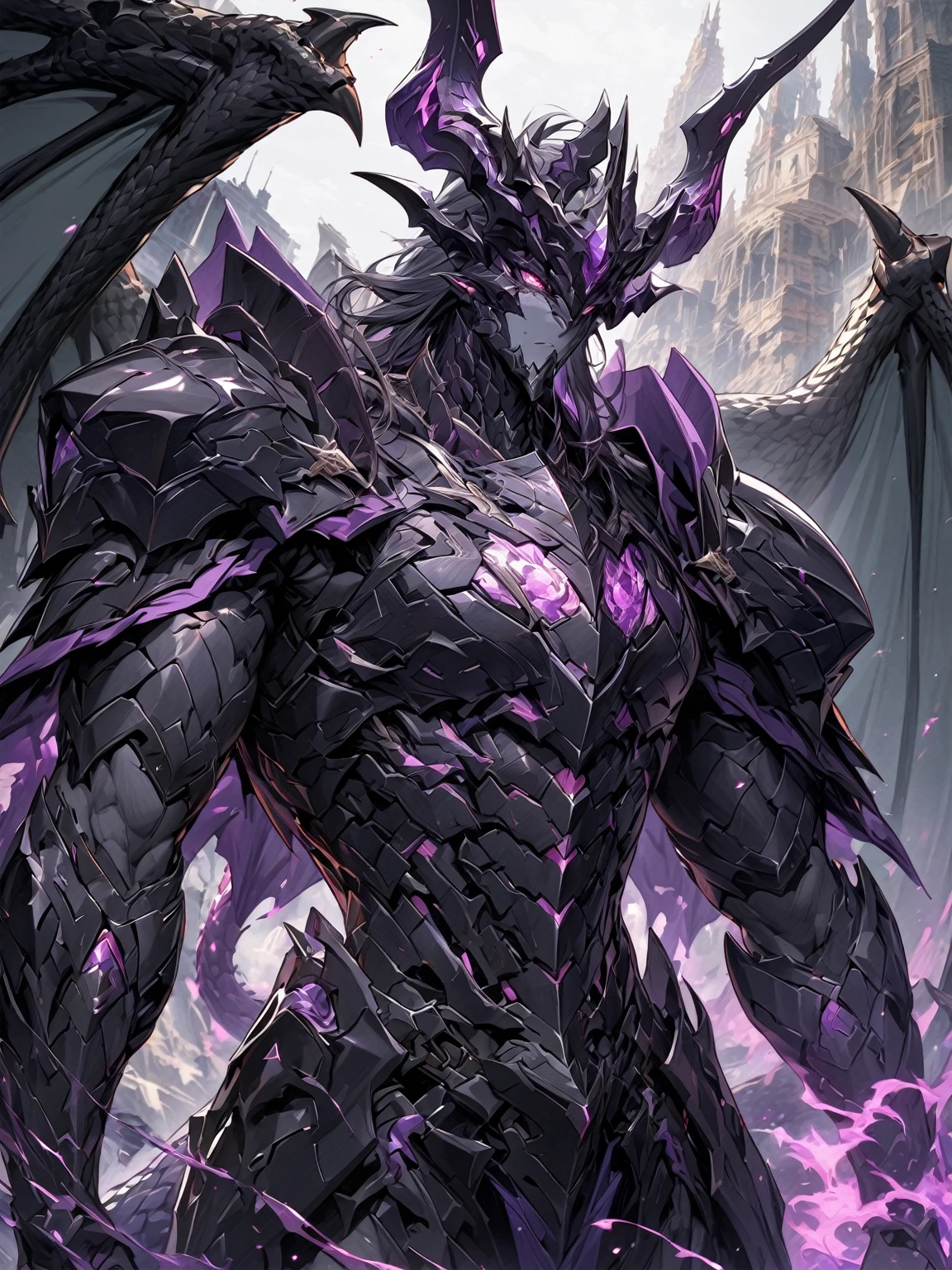 Masterpiece, Very detailed, ultra detailed, one, (1 man), man with a V-shaped body, Gray skin colour, dragon horns, two large dragon wings, full detailed dark obsidian armor with light purple details that seemed like a purple fire. Long black hair combed back, and reptile eyes that shine crimson-purple. In the style of manhwa "Omniscient Reader's Viewpoint"