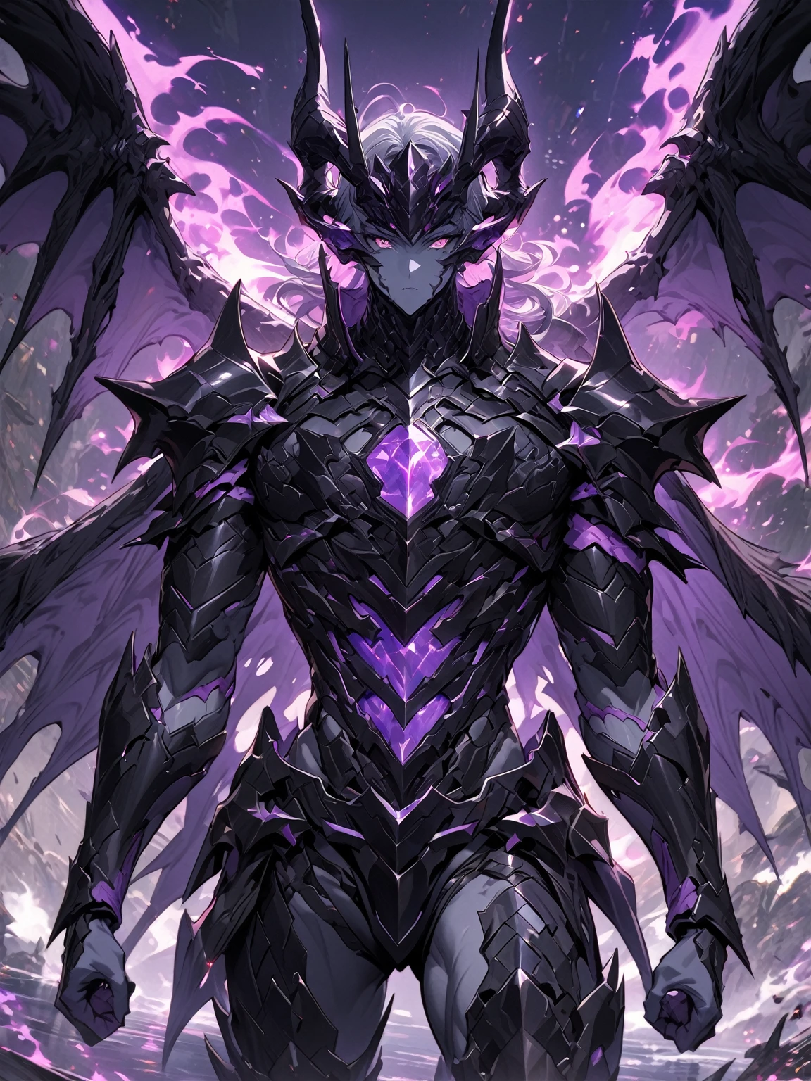 Masterpiece, Very detailed, ultra detailed, one, (1 man), man with a V-shaped body, Gray skin colour, dragon horns, two large dragon wings, full detailed dark obsidian armor with light purple details that seemed like a purple fire. Long black hair combed back, and reptile eyes that shine crimson-purple. In the style of manhwa "Omniscient Reader's Viewpoint"