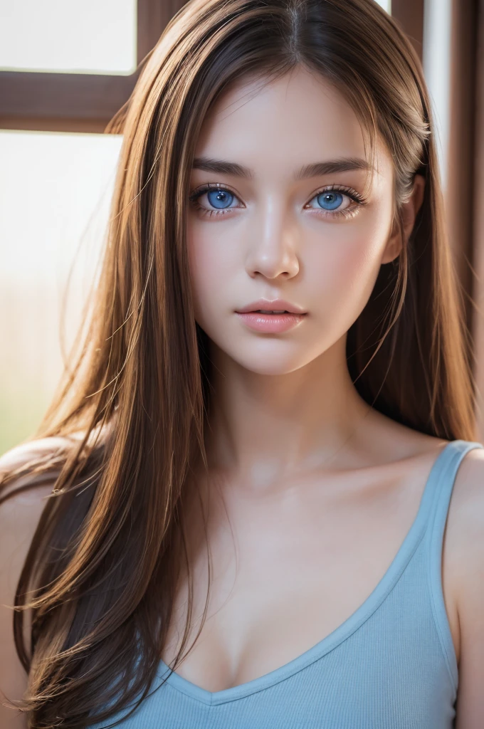 high quality, 最high quality, Realistic, RAW Photos, Realistic, Ultra-realistic 8K CG, Super detailed, High resolution, masterpiece, 1 Girl, 18-year-old, Beautiful face of a woman, Soft Face, elegant, Long Hair, blue eyes, Light blue eyes, close, Intricate details, Detailed Texture, Fine details, Front Face , Natural female body, sexy, Very beautiful young woman's face,