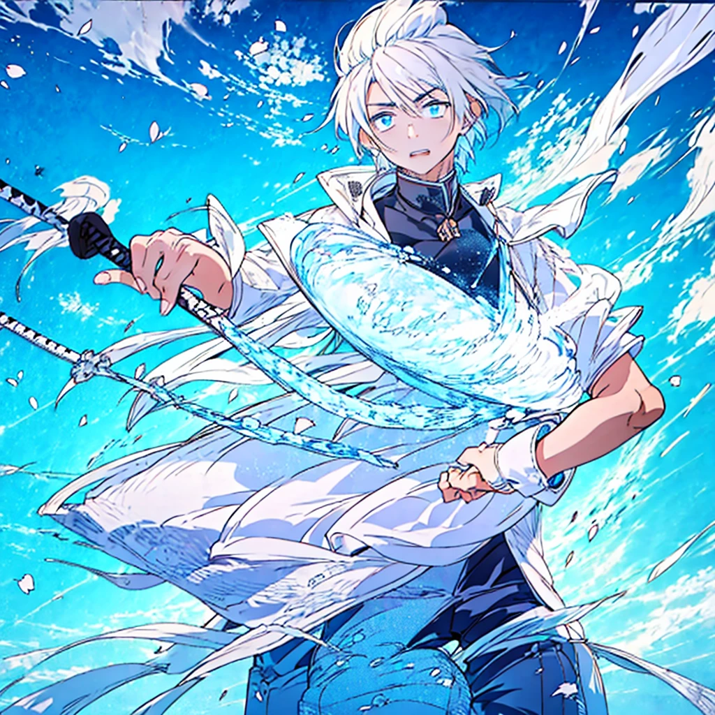 masterpiece , best quality ,suit , ice , sword , anime , sky , glass , cool , king, 1boy, white hair, blue eyes, White suit