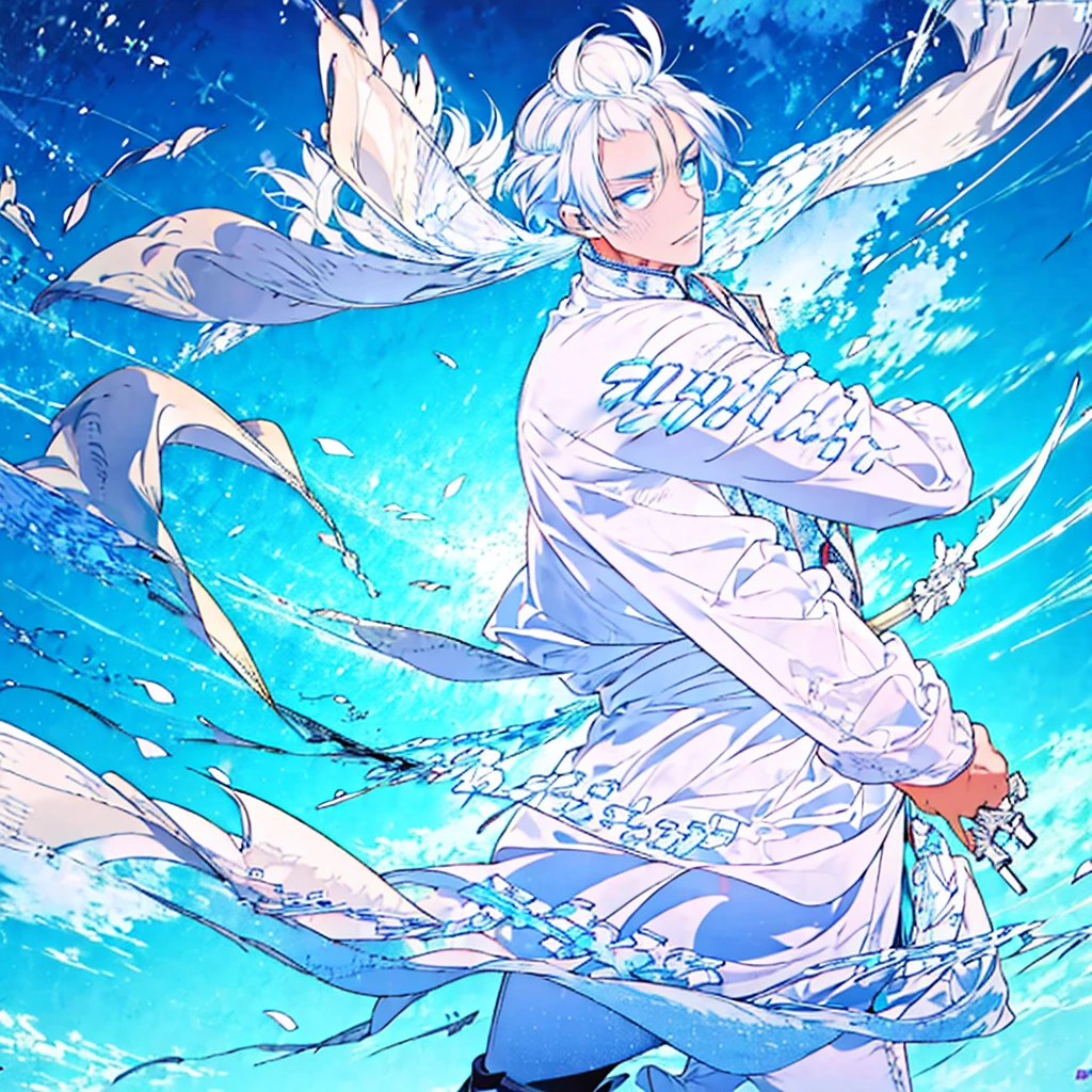 masterpiece , best quality ,suit , ice , sword , anime , sky , glass , cool , king, 1boy, white hair, blue eyes, White suit