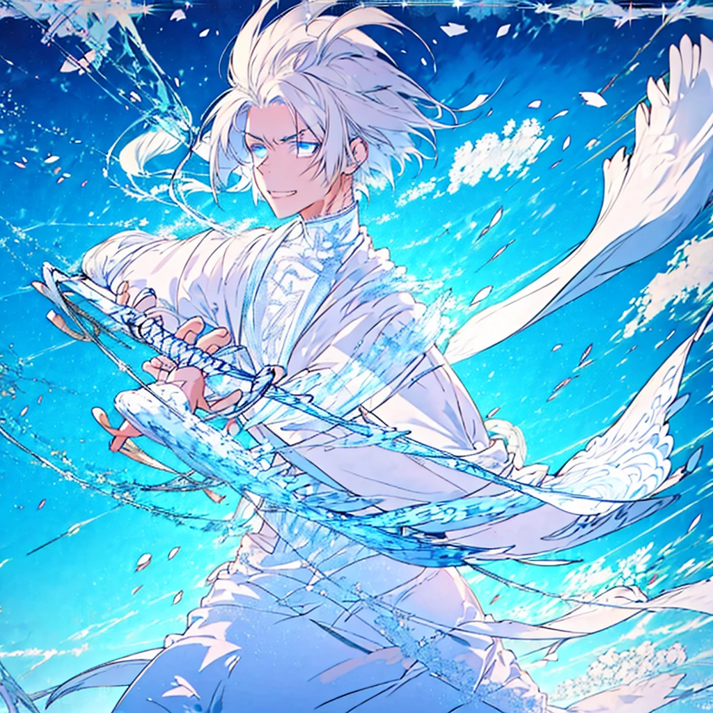 masterpiece , best quality ,suit , ice , sword , anime , sky , glass , cool , king, 1boy, white hair, blue eyes, White suit