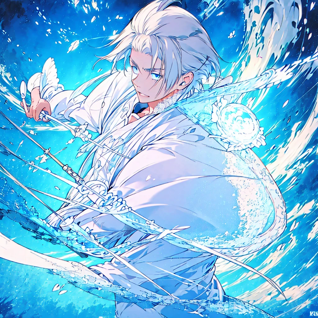 masterpiece , best quality ,suit , ice , sword , anime , sky , glass , cool , king, 1boy, white hair, blue eyes, White suit