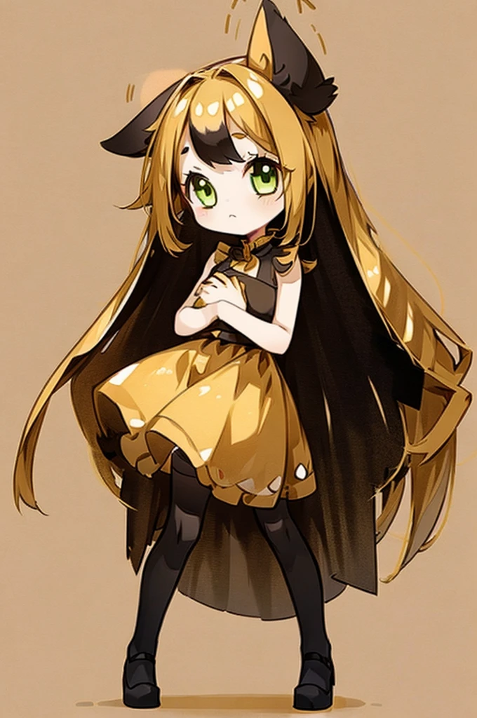 1girl with long golden hair, green eyes, floppy dog ears,emoteless face, golden dress with open shoulders. Black stockings. Chibi style, simple background, hand on chest, golden ears, full stand