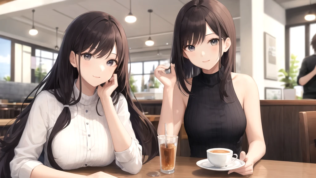 glad, woman, masterpiece, upper body, beautiful, in the cafe
