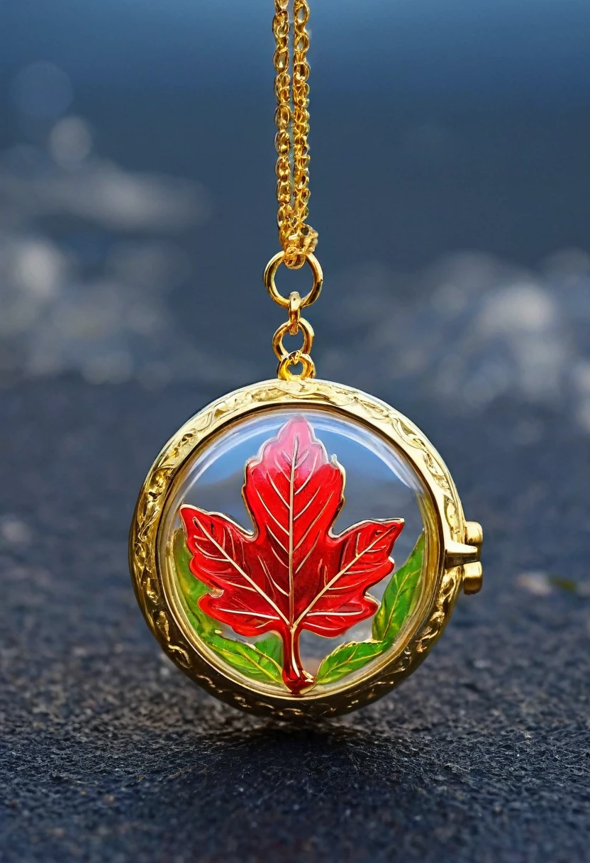 Image of a locket , luck leaf inside the locket glass , leaf glowing golden colour , red colour locket thread , locket kept on cloud , cloud scenery