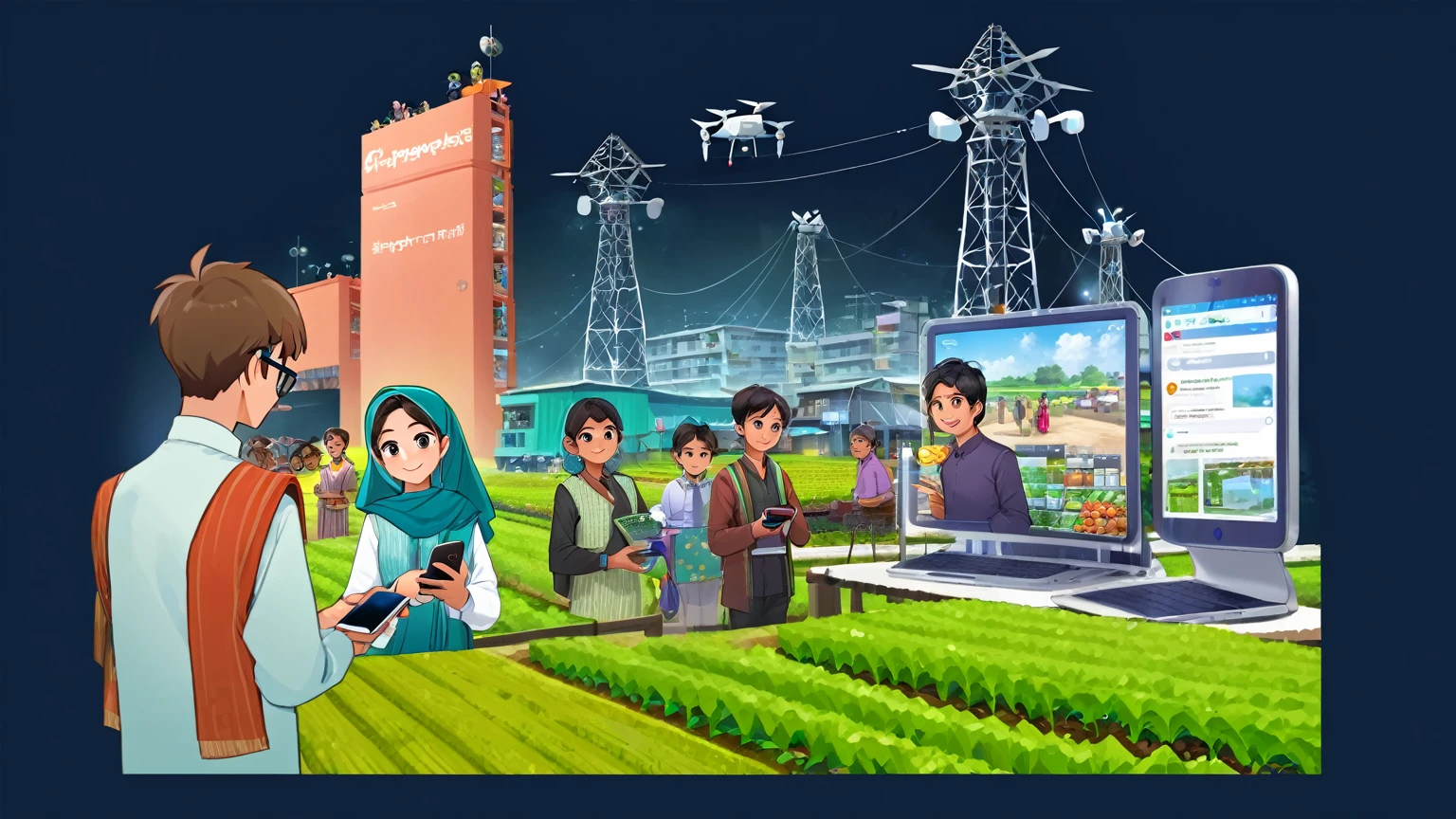 ((Bangladesh)), people of Bangladesh, Smart Village: Bridging Tradition and Technology  Connected Community: Villagers embracing the internet and computers, enhancing their daily lives and work. Modern Farming: Farmers utilizing smartphones for better crop management and market access. Tech-Enabled Families: Happy families benefiting from improved communication and education through technology. Innovative Infrastructure: Mobile towers ensuring seamless connectivity, with drones and robots supporting agricultural 